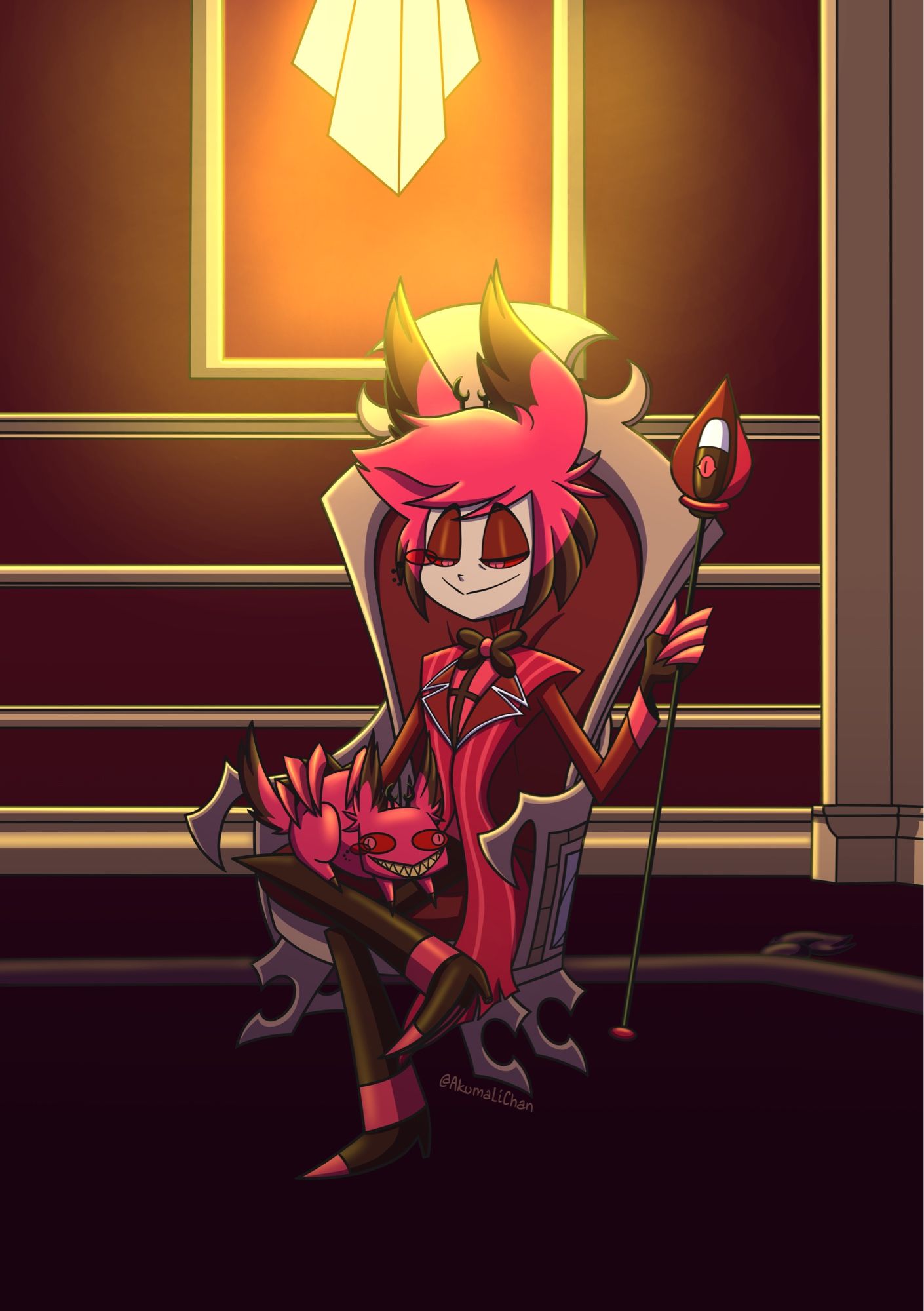 Alastor the radio demon from Hazbin Hotel sitting in a chair petting crazy cat Alastor meme