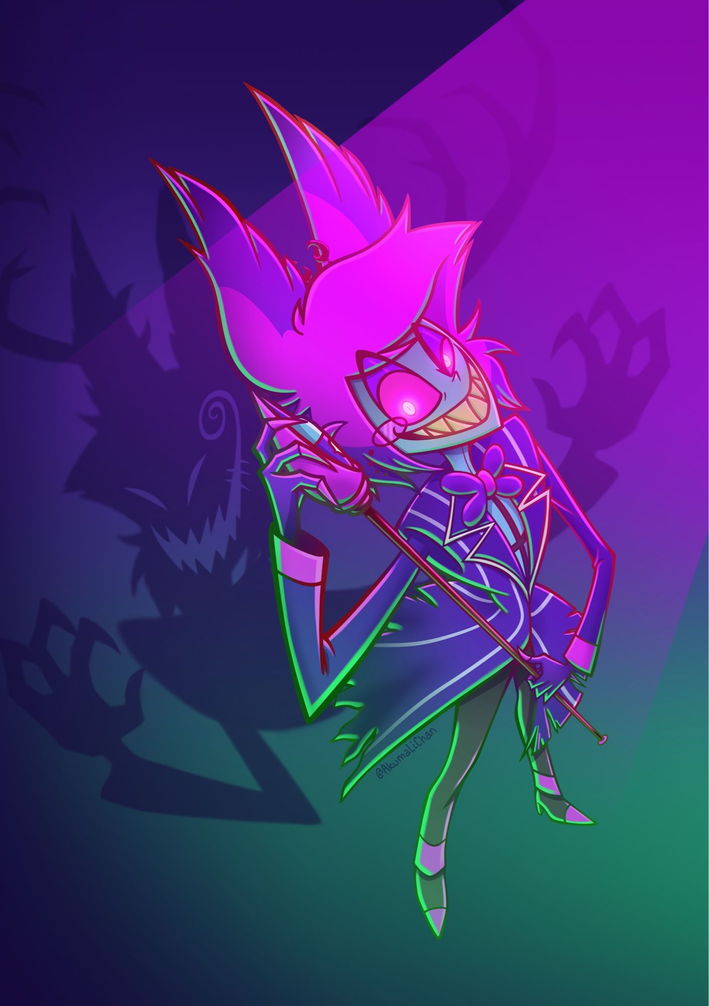 Neon colors Alastor and Alastor’s shadow from Hazbin Hotel.