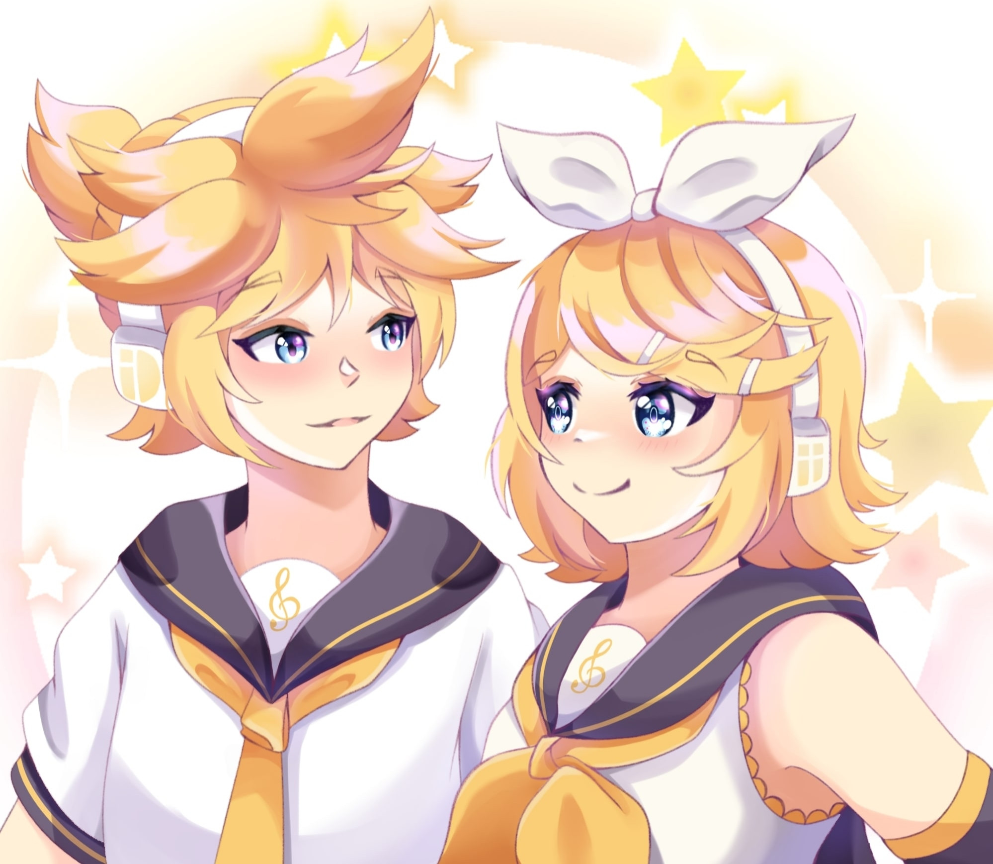 Vocaloid Rin and Len looking at each other