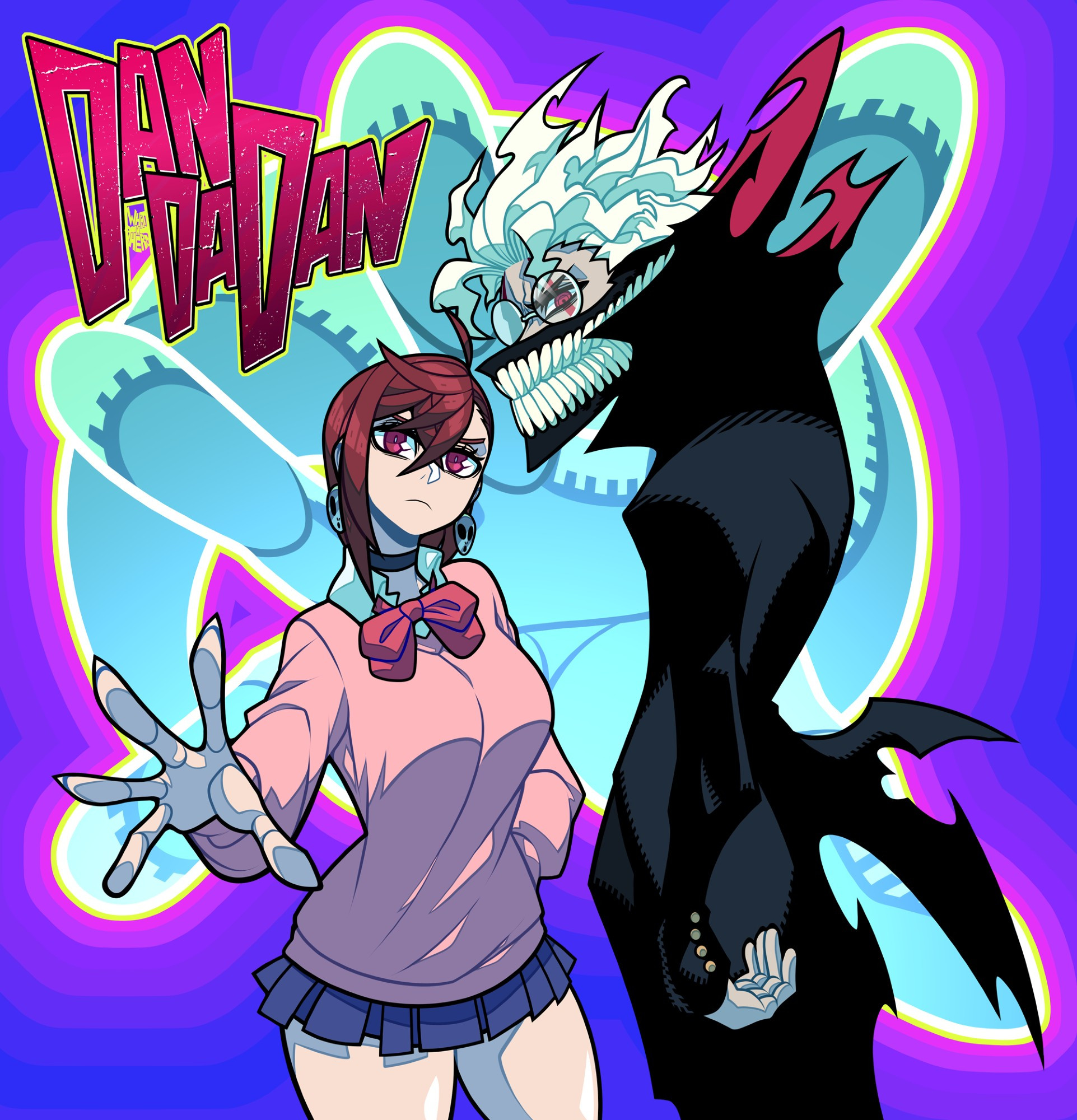 Momo and Okarun from the series Dandadan standing in front of a giant telekinetic hand.