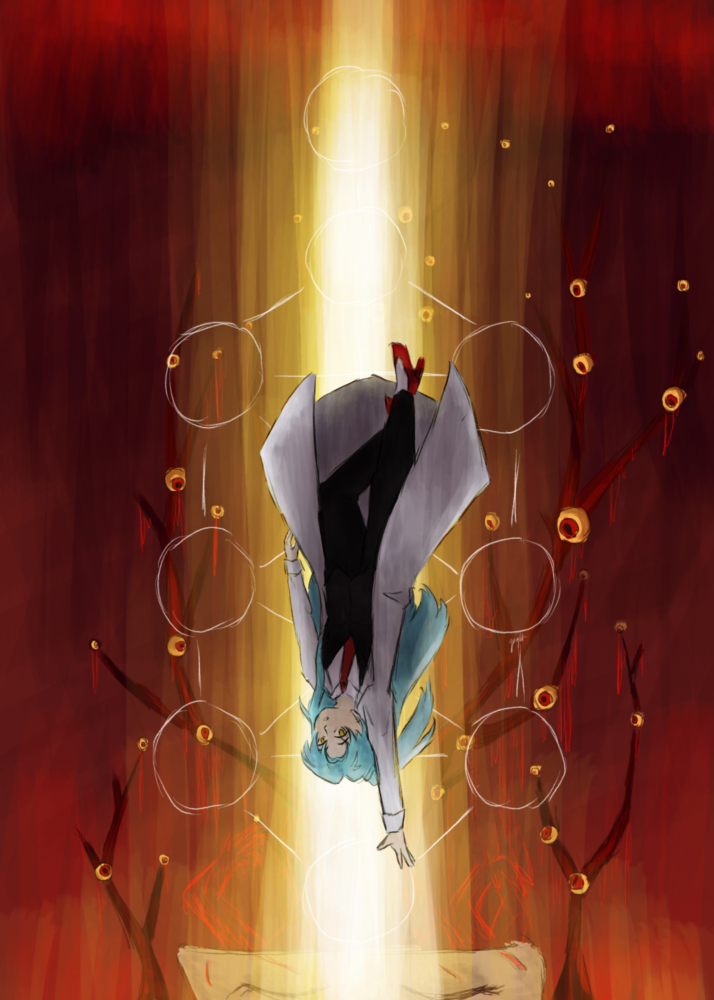 A digital drawing of Angela from Lobotomy Corporation. She is positioned upside-down in the air, as if in freefall, with one hand stretched toward the bottom of the screen, and her eyes somewhat turned toward it. Behind her is a white sketch of the Tree of Death or inverted Tree of Life, depicted as ten connected circles representing the Sephirot. Angela's body obscures parts of the middle column, namely Tiphereth and Da'at, while her hand brushes against the edge of Keter. The background is composed of a pillar of blinding yellow light in front of two Abnormalities - the Burrowing Heaven, and Bloodbath, from which the former appears to sprout. Bright red blood drips from the Burrowing Heaven's branches, and all of its eyes are turned toward Angela herself.