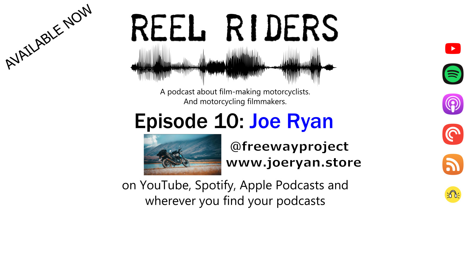 Promotional image announcing the availability of Episode 10 of the Reel Riders podcast.