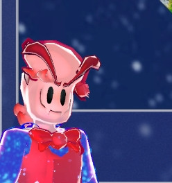 A 3D render of a humanoid character named Tofu. He has a red color pallet, and has a space background behind him. He has cartoony beady eyes, with highly exaggerated eyebrows. His hair is a pompadour with a rose in it. He has a smile that cuts across his entire face. He wears a sparkly red vest, over top of  dress shirt that acts as a window into a starry void. He has black pants, red shoes, and a red bowtie.