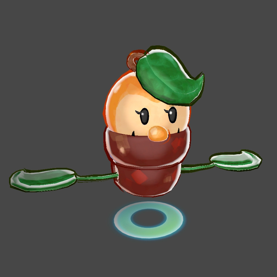 A 3D render of a sentient orange fruit peaking out of a pot