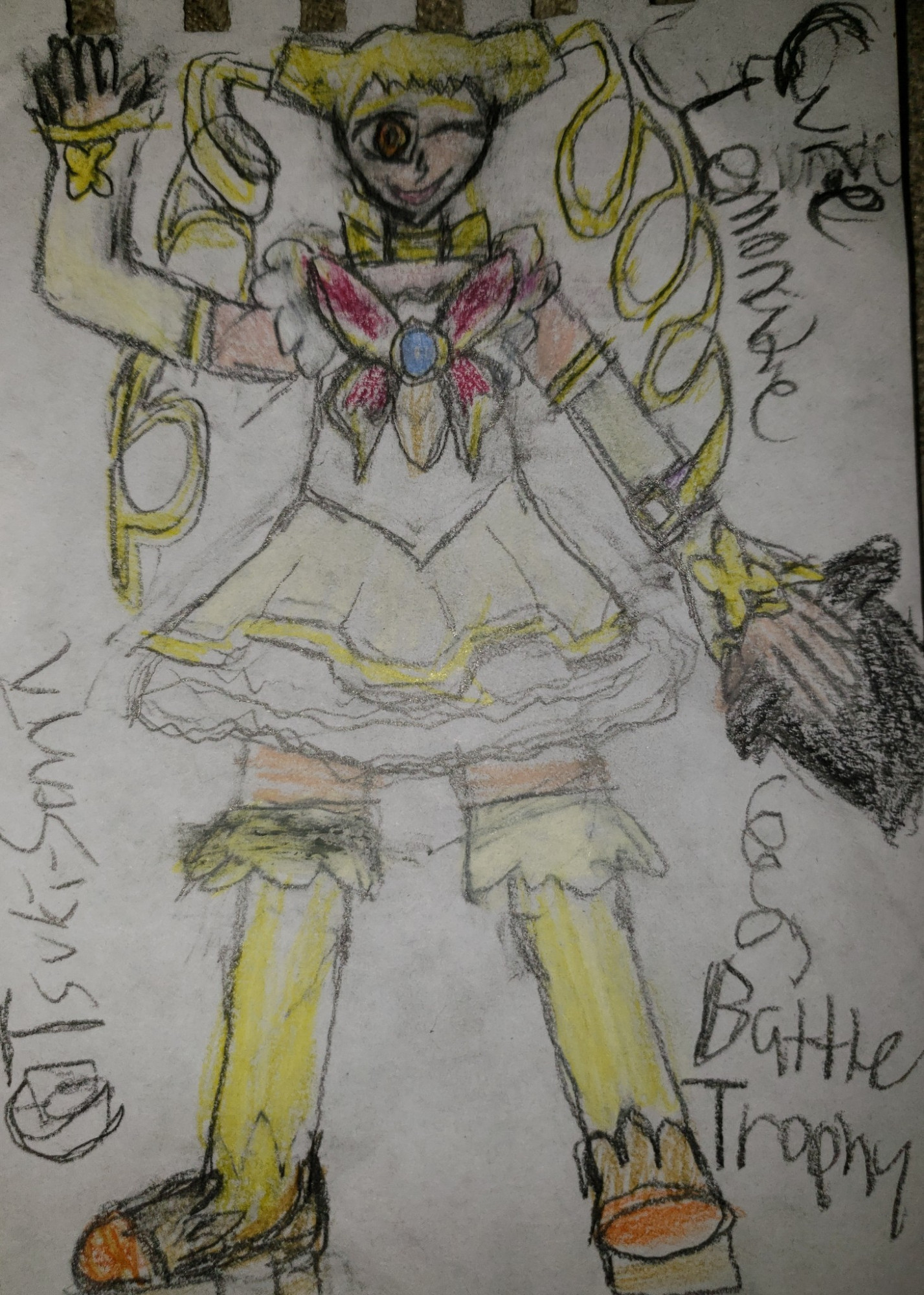 Cure Lemonade (Urara Kasugano), with her original "Yes! Pretty Cure 5" design, triumphantly raising her right hand and winking. Held in her left hand is the signature top hat of Nightmare executive Bloody, which Lemonade accidentally swiped from him in his final battle with the Pretty Cure 5. (Hence why it's sardonically labeled a "Battle Trophy".)