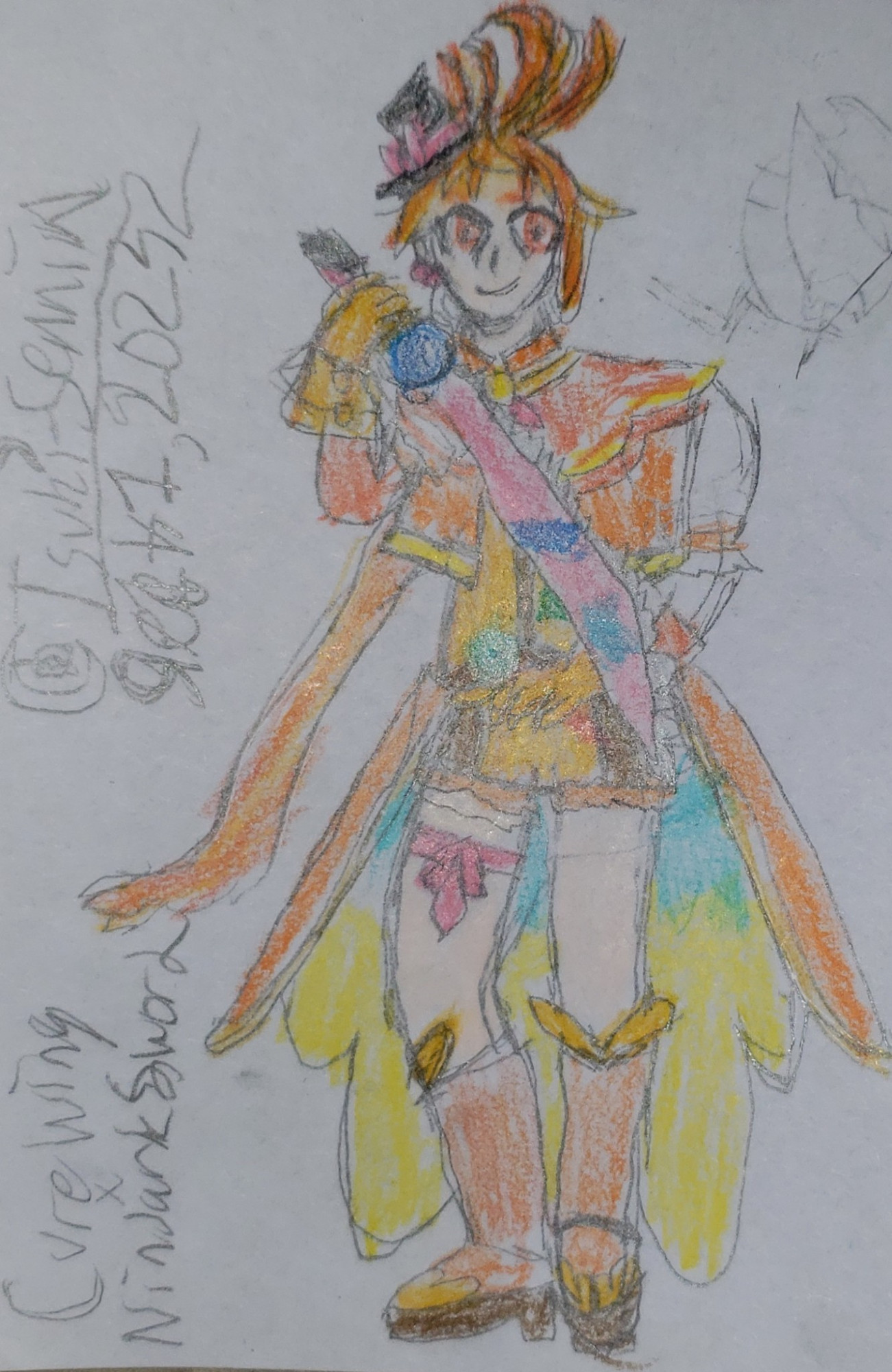 Cure Wing (Tsubasa Yuunagi) from "Hirogaru Sky! Pretty Cure", holding the Ninjark Sword form of Don Murasame from "Avataro Sentai Donbrothers". These two characters share the same voice actor, Ayumu Murase. Off to the side is a crudely drawn representation of Don Murasame's head.