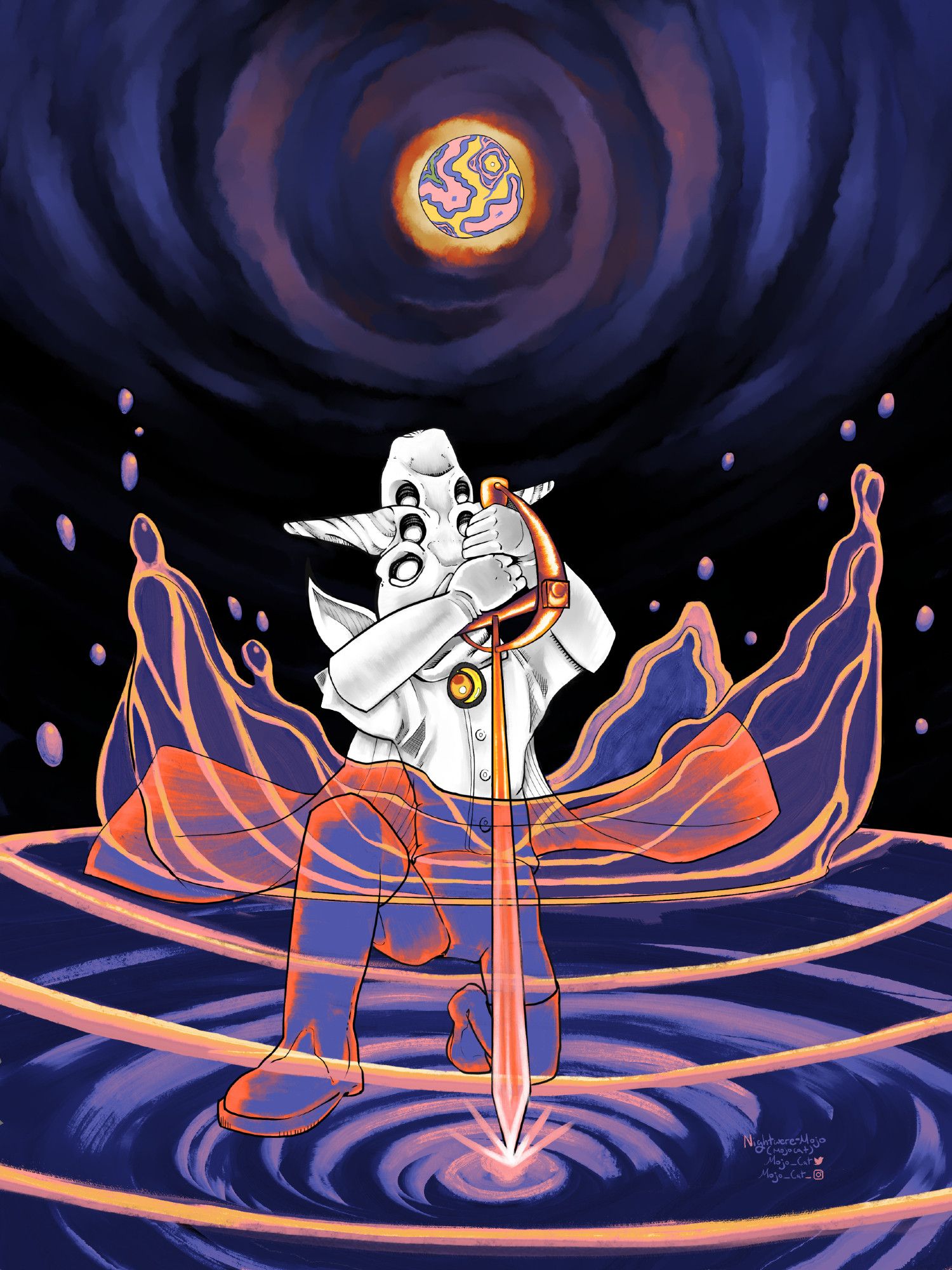 Digital art of the character Dracula from Hylics 1. It is a nighttime scene viewed from slightly below. Dracula's stark white form stands half submerged in in a pool of afterlife waters, which are colored in pinks and purples. Dracula is plunging a fencing sword decorated with crescent moon imagery directly into the pool of liquid, a spark of light peeking up from the point of contact below the surface. Anything submerged below the surface is colored in purples and reds. In the sky above the full moon, colored in orange, red, and purple, glows ominously, reflecting similar colors through spiraling clouds.