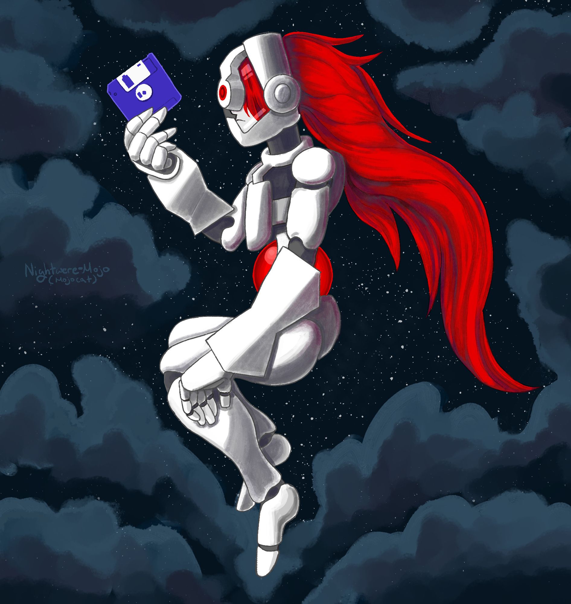 The character Cyl from the game Picayune Dreams is floating in outer space, facing left, looking at the floppy disk she is holding.