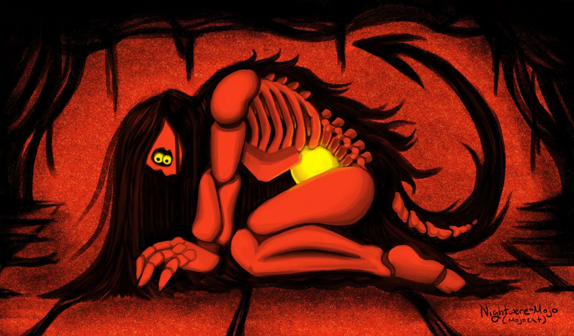 Picayune is slouched on all fours on the tiled spaceship floor, halfway transformed into her final boss form. Her rib cage and spine is exposed. Long black hair spreads all over her body, into a tail with bones, and also spreads from the sides and the ceiling. Only her doubled left eye and her core glows yellow.