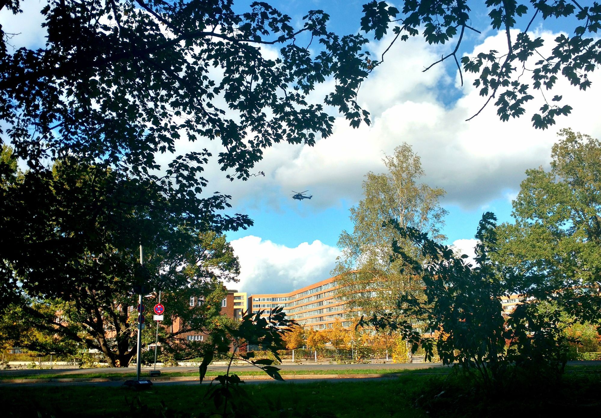 Auf dem Foto zwischen Bäumen ein Hubschrauber. Im Hintergrund ein mehrstöckiges Haus. Der Himmel ist blau und bewölkt.