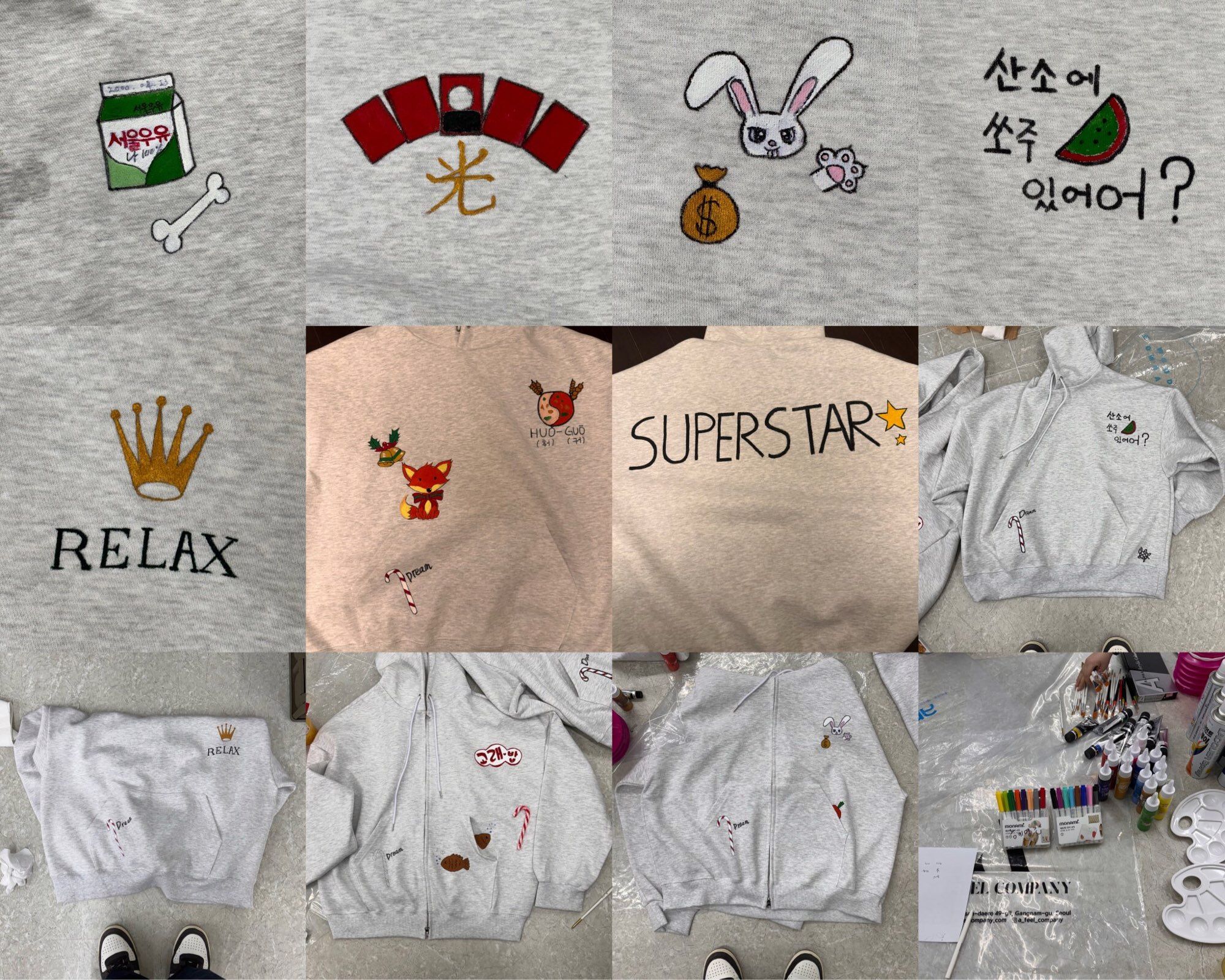 Pictures taken of the different designs and doodles RJ made on the hoodies as well as a picture of the paints used