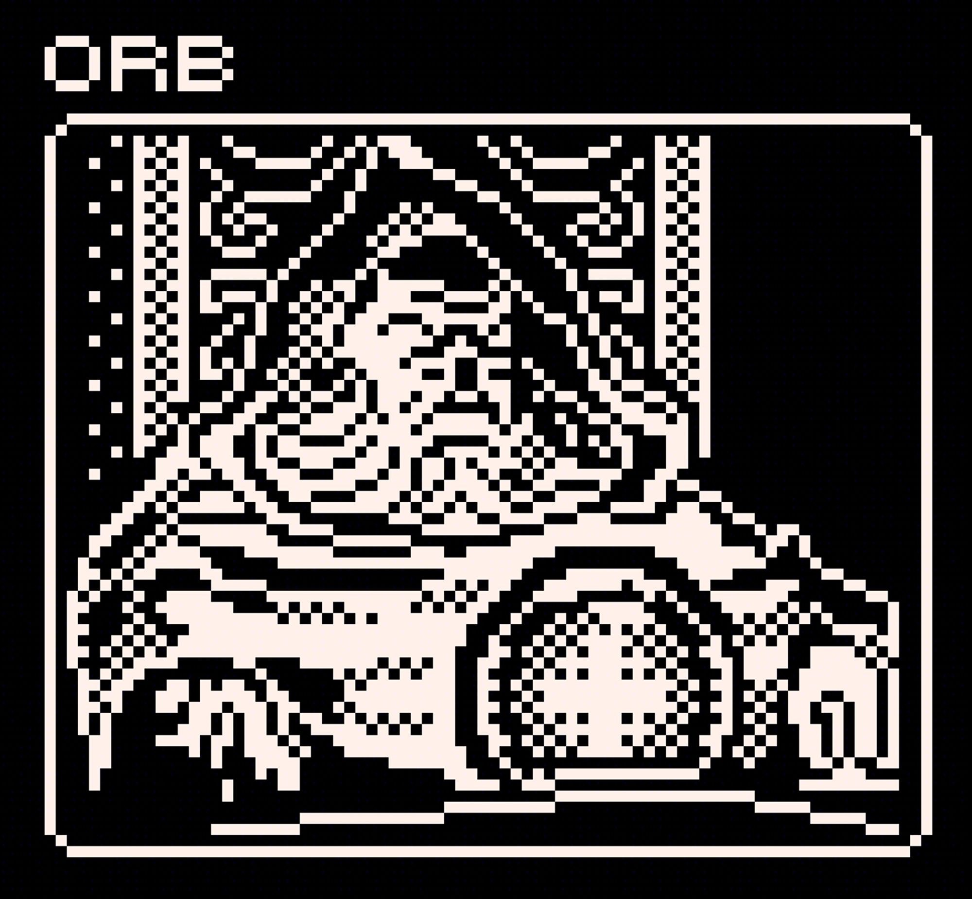 A 1-bit piece of pixel done in white and black. A cloaked wizard sits grumpily in his chair, pondering his orb.