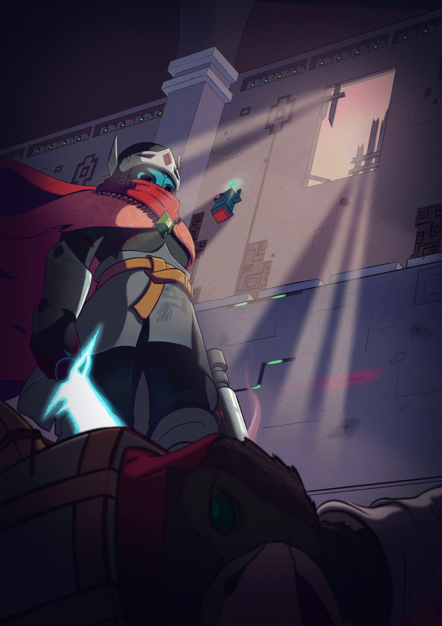 Fall of the Zealous - A Hyper Light Drifter fan piece featuring the titular Drifter standing beaten yet triumphant over the zealous Hierophant, a bipedal bird priest. Around them are the dilapedated remains of a temple, with light filtering in through a broken hatched window.