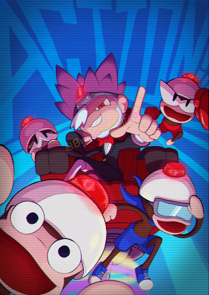 And, ACTION! - A fan art piece for the Ape Escape series. Spectre, a white monkey in a tuxedo, sits smugly in his hover chair, pointing forward and commanding his pipo monkeys. From top to bottom: Pipo Red lunges forward, Sky hides behind the chair, Blue dashes in front, and Yellow hugs the camera. Behind them is a blue background, with text saying "ACTION!"