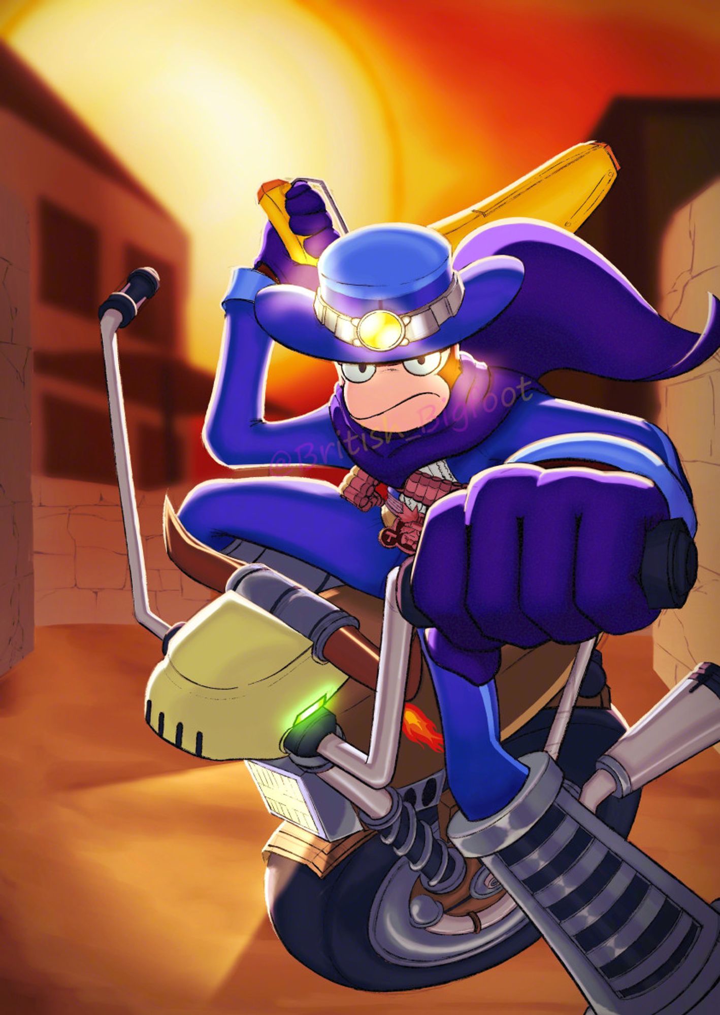 A fan art piece featuring Blue Monkey in his blue cowboy attire from Ape Escape 3. He sits on his brown motorised unicycle, fashioned with a robotic bull's skull and ape hanger handlebars. He holds one handle towards the viewer, with his banana gun slung behind him. The background is a sunset over and old western town.