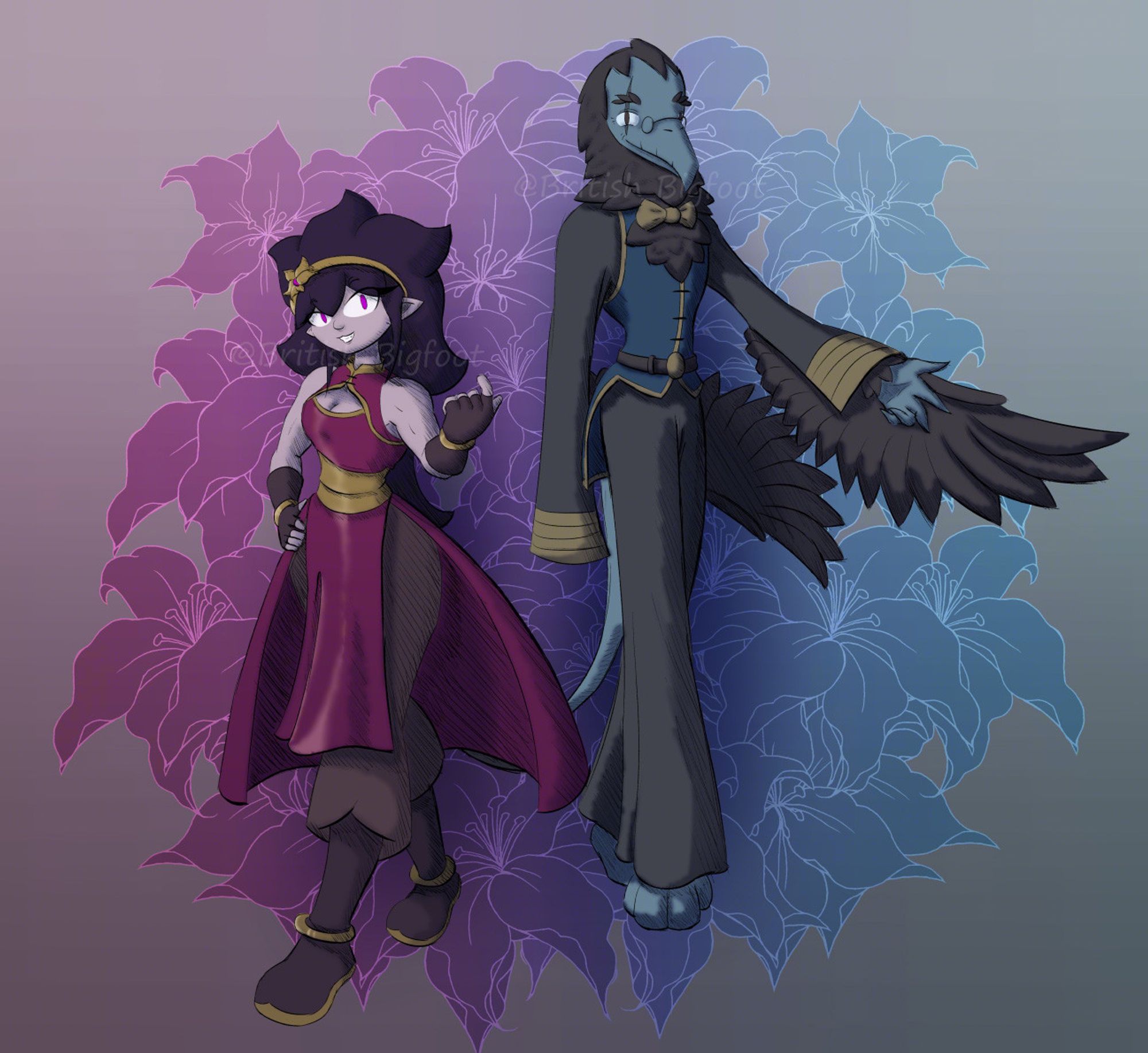 Lucy is on the left of the image. She is a short, athletic fighter who wears a purple qipao modified for combat, with hair fashioned after an orchid that is tied back with a tiara sharing the same flower. She beckons towards the viewer confidently, itching for a fight. Grimsby is on the right. He is an elderly griffin with black feathers and blue skin, wearing a blue tang suit with golden trims. He hold one wing out, the kind expression on his face welcoming the viewer. The background is a collection of lilies, gradating from purple to blue.