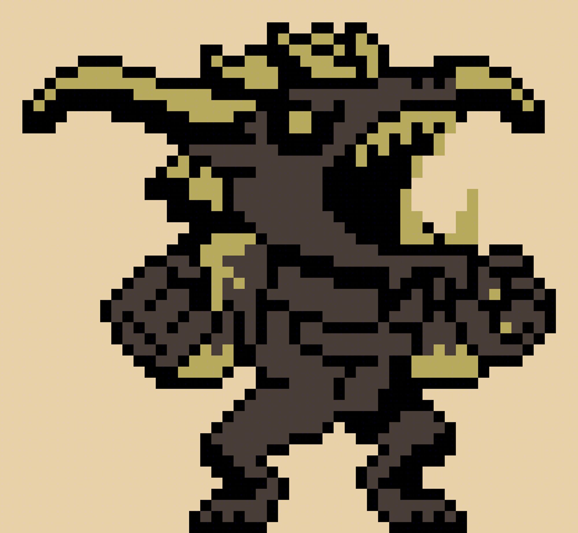 A pixel art piece of Rajang from Monster Hunter in the style of the Neo Geo Pocket Colour. Rajang is a large monkey with bull horns protruding from its head, its brown fur can turn gold when it's enraged. This piece consists of three colours: brown, gold and black. The background is solid beige.