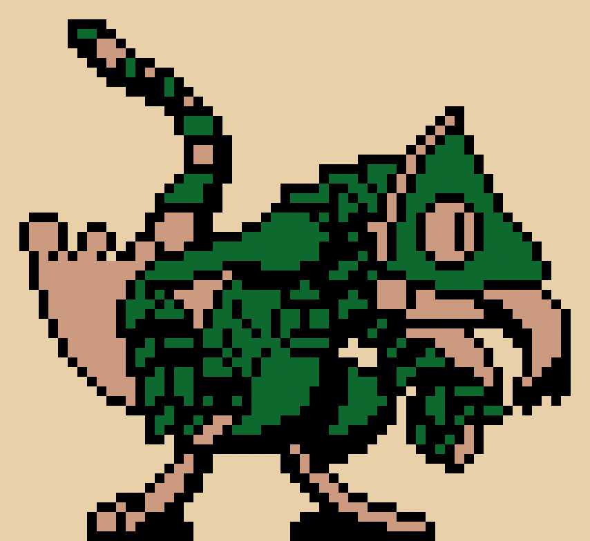 A pixel art piece of Pukei Pukei from Monster Hunter in the style of the Neo Geo Pocket Colour. Pukei Pukei is a chameleon-like bird wyvern with a feathered neck, long tongue and frog eyes. This piece consists of three colours: green, sandy orange and black. The background is solid beige.