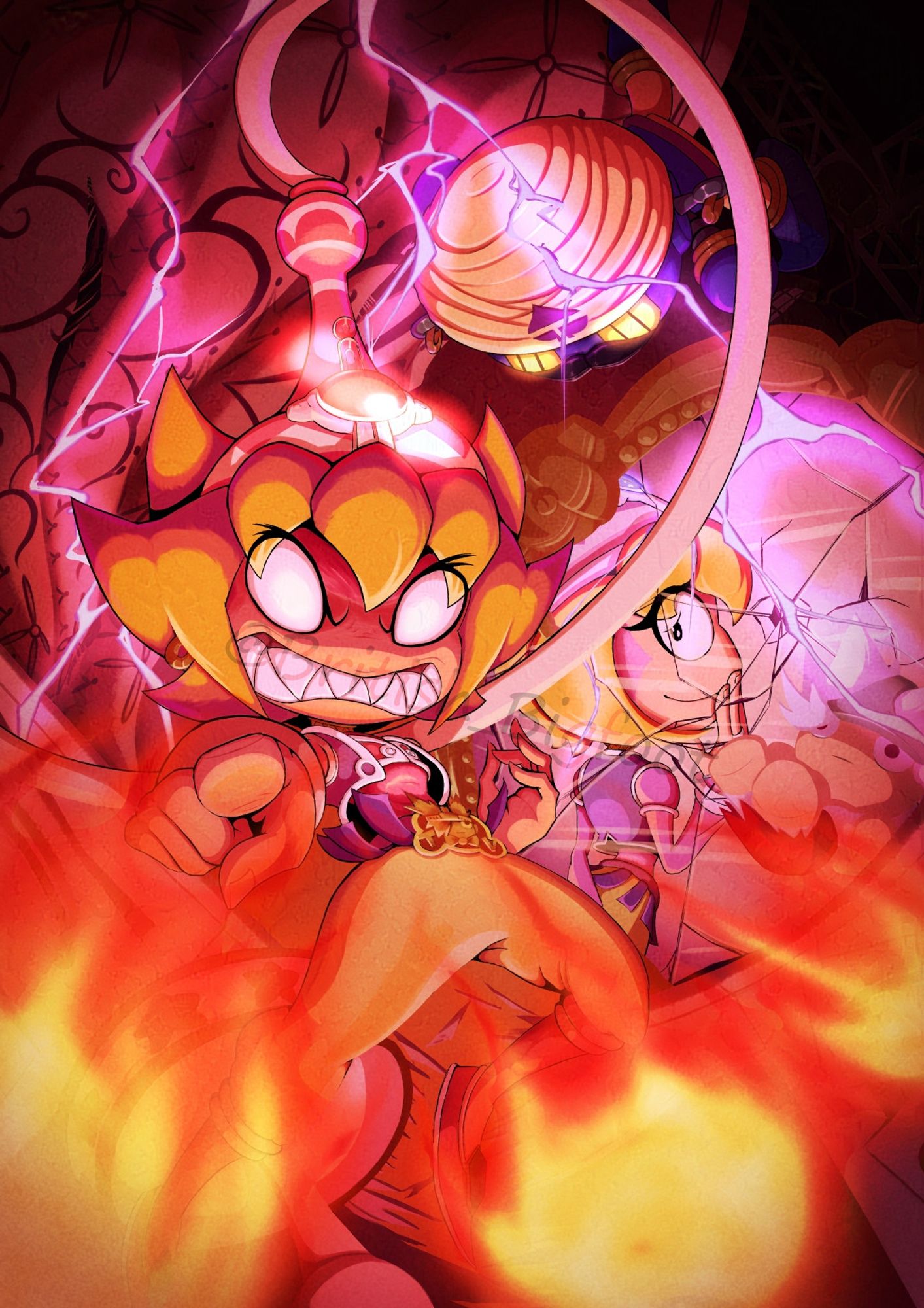 Pink monkey points towards the viewer furiously, careening fire forward with purple lightning striking behind her. In the background, a Teleborg flies through the air flailing its limbs and a shattered vanity mirror shows the calmer side of Pink Monkey faining ignorance.