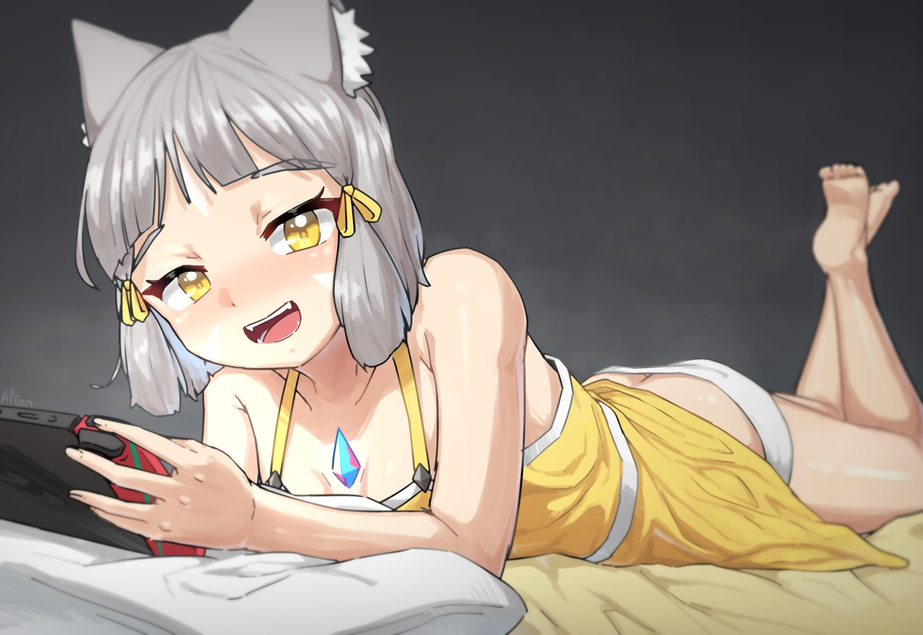 a drawing of nia from xenoblade chronicles 2. she is lying on her stomach playing a game on a portable console, with her arms resting on a pillow. she is wearing a light dress and is looking at the point of view while smiling and blushing, waving her legs back and forth. her dress is pulled in a way that exposes her underwear, making her bottom partly visible