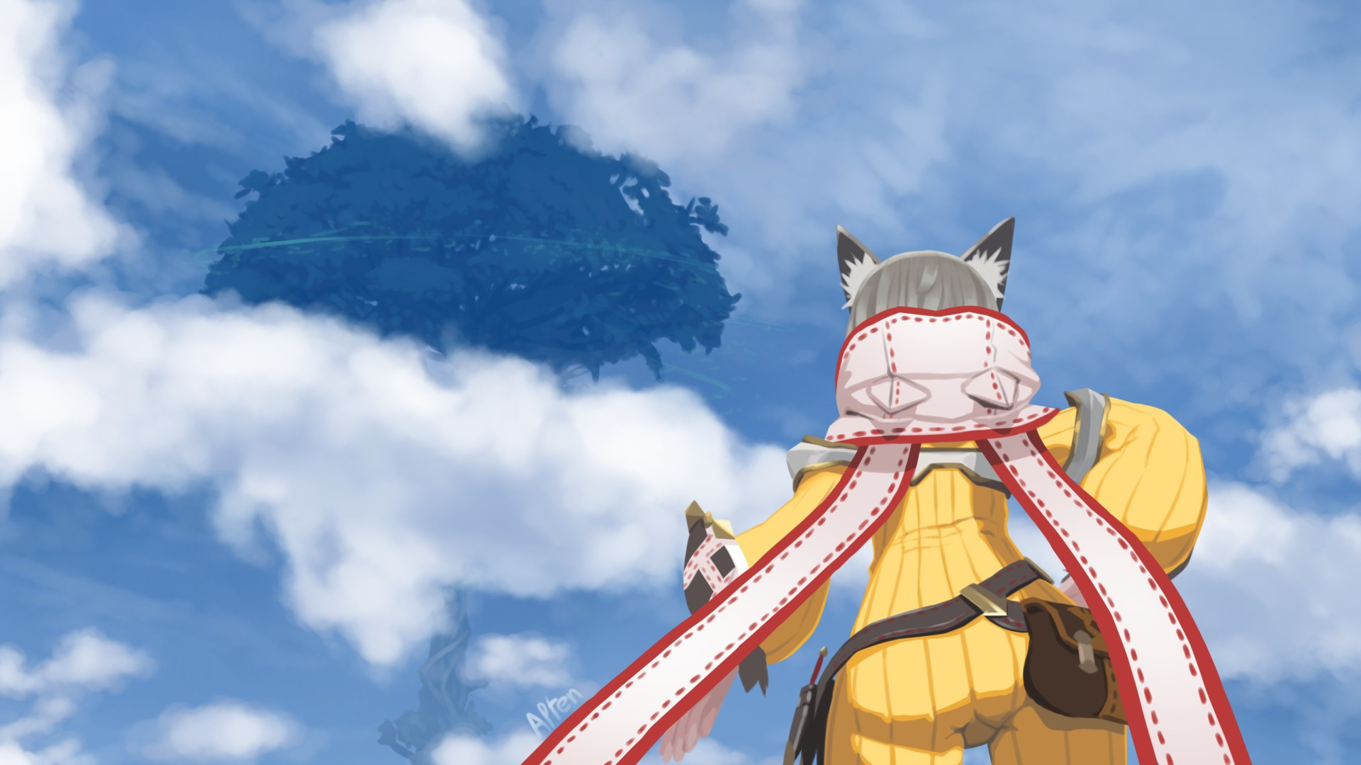 a digital painting of nia from xenoblade chronicles 2 admiring a blue sky before her. in front of her, alrest's world tree stands tall at a distance, partially obstructed by white clouds.