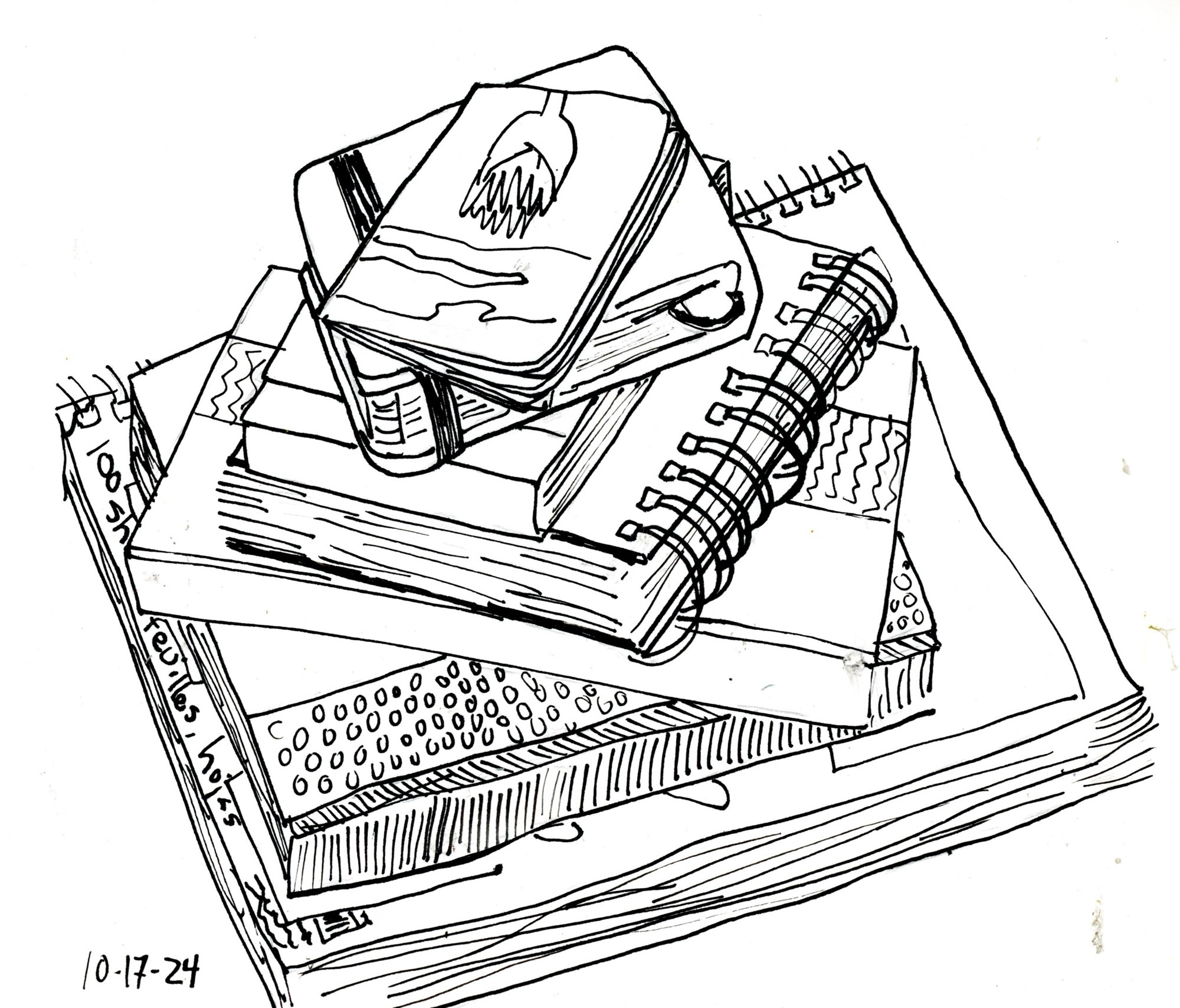 Black ink drawing of a stack of journals and sketchbooks arranged with the smallest at the top and largest at the bottom, each a different size and shape. The stack is somewhat haphazard. The notebook at the top is small and thin and has a flower and a shape on it. The largest is spiral bound and shows signs of wear and tear. 