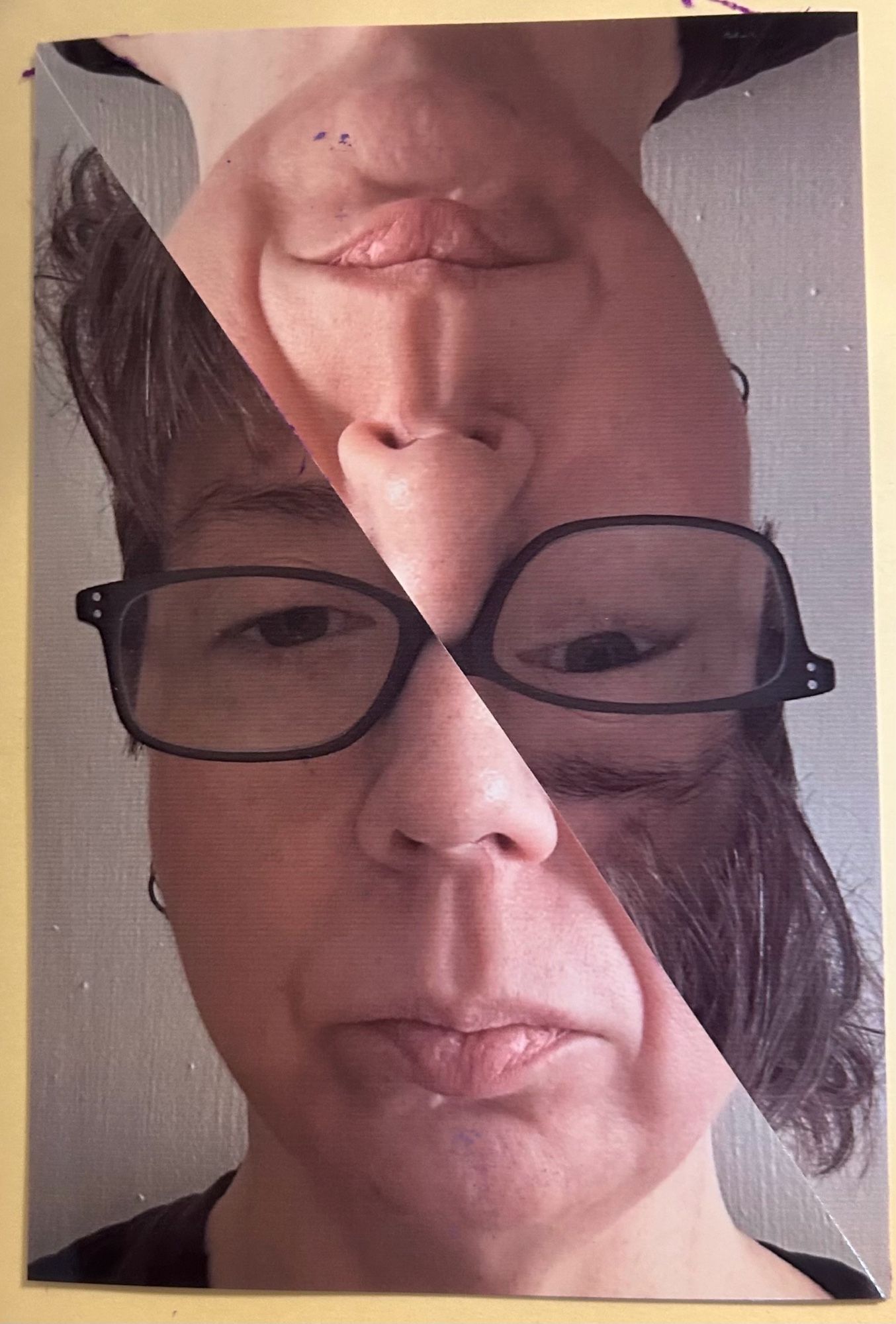 A photo of a white woman with short brown hair and glasses with dark rectangular frames cut on the diagonal and duplicated so that we see the same half of her face twice, one right side up on the upper right and one upside down on the lower left, aligned at her glasses.