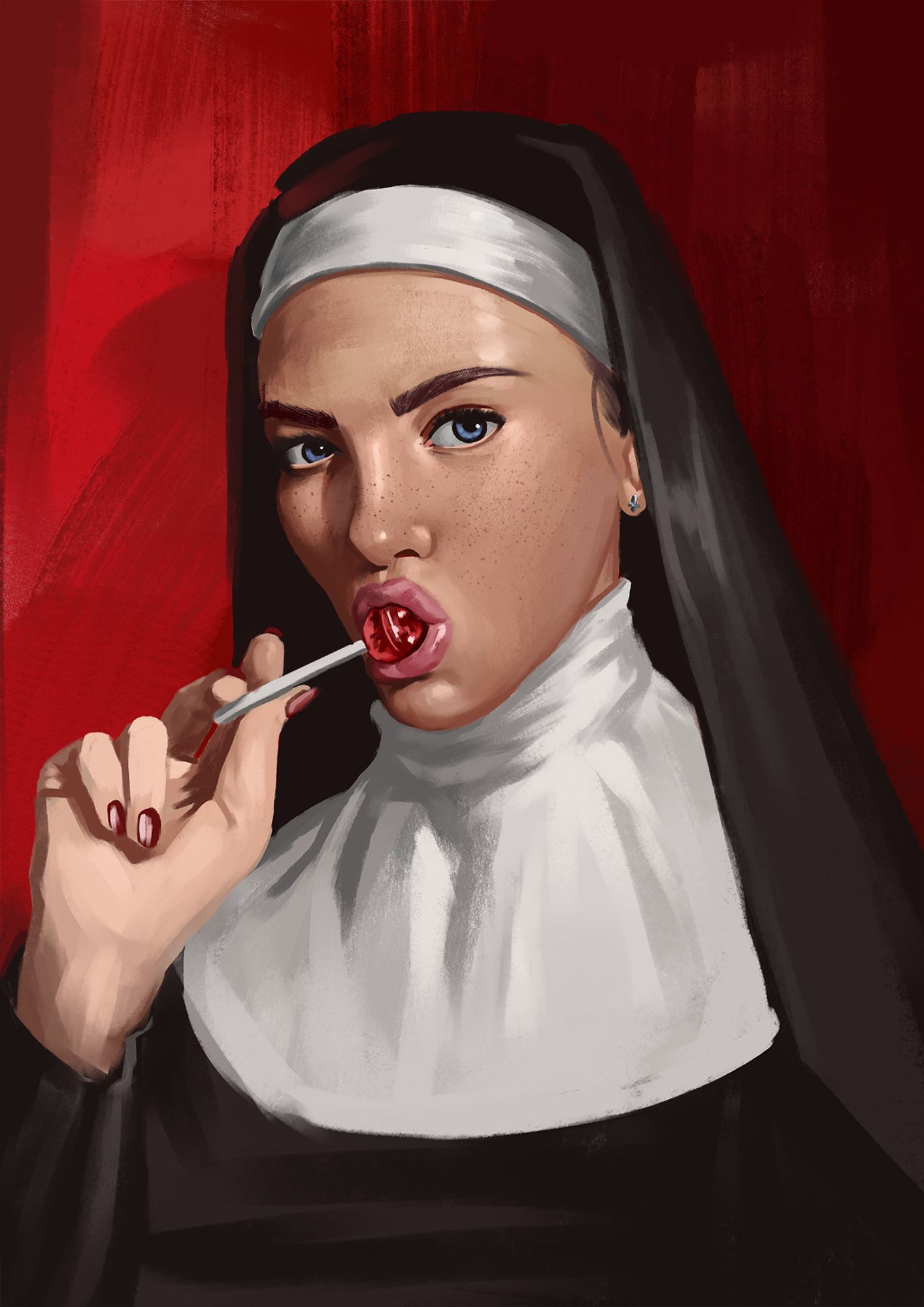 A young nun sucking on a lolipop