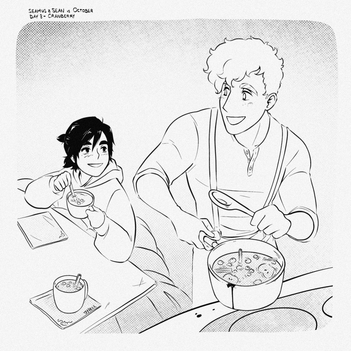 A drawing; in the foreground a young man with short curly hair (Sean) is holding a large pot filled with apple pieces, cranberries, and cinnamon sticks all floating in a liquid (a hot toddy). He’s gesturing with a spoon and looking over his shoulder at the young man behind him (Seamus) who is seated at a kotatsu-style table and holding a mug of the liquid and smiling up at him. They’re both beginning to get drunk.