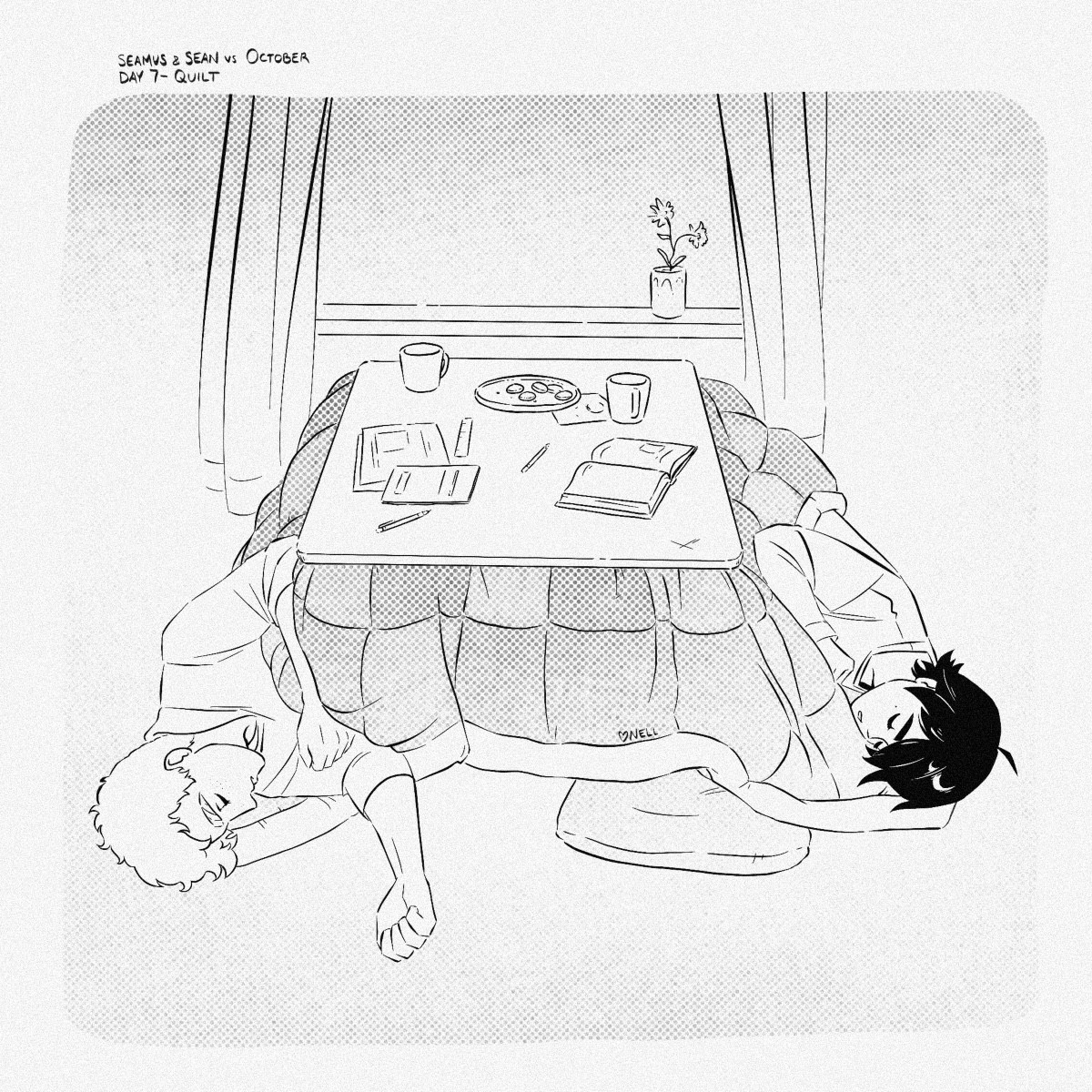 A drawing of two young men, Seamus and Sean, having fallen asleep while sitting at/under a kotatsu-style table beneath a plush looking quilt. There are books, papers, writing utensils, snacks, and cups on the table and the window behind it is open, its curtains gently blowing.