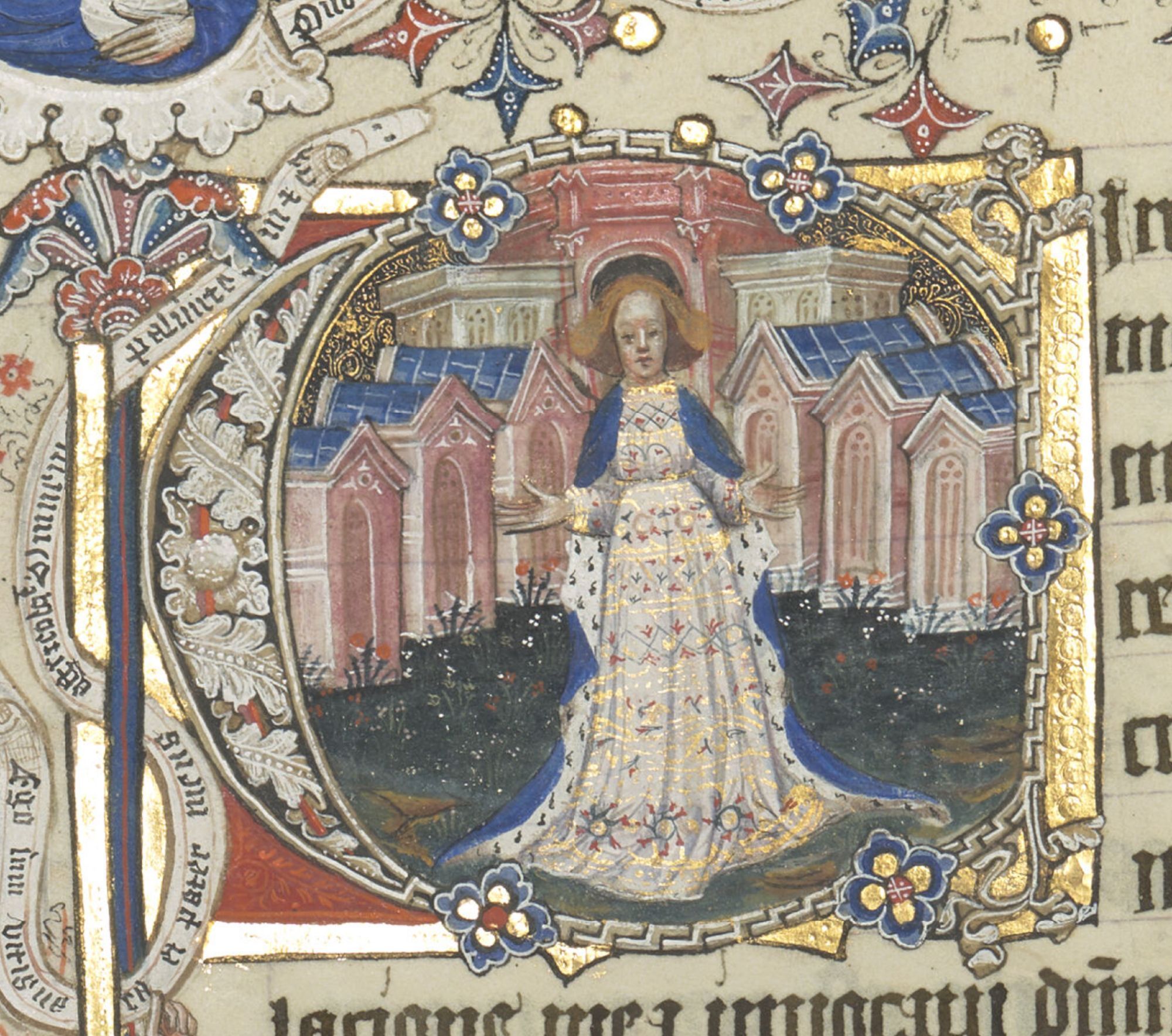 Detail of a cameo in a letter C on the manuscript. A female figure in a cobalt blue robe stands in front  of an array of pink buildings with her hands outstreched. Gold leaf illumination is used extensively.