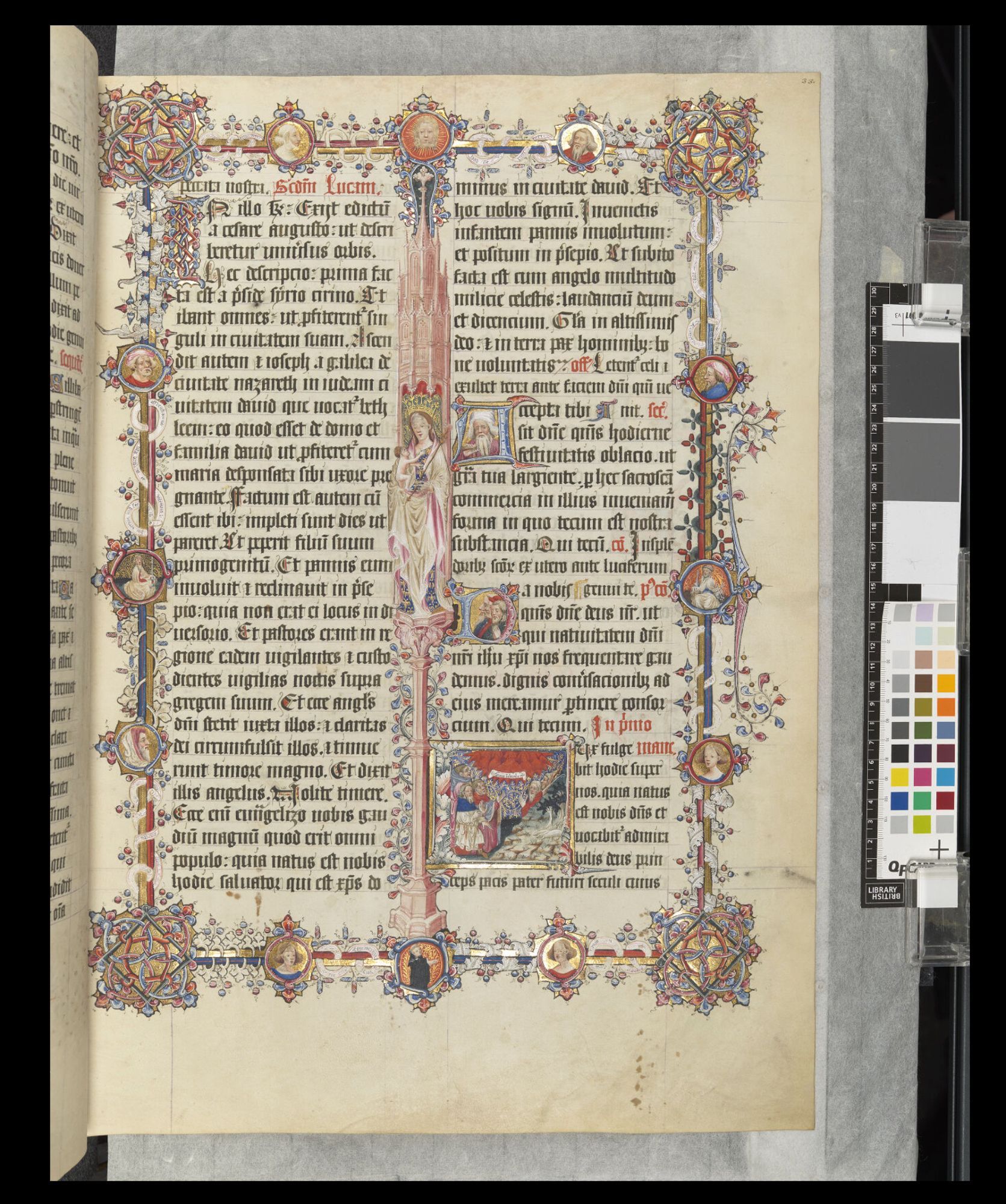 Illuminated page from a digitised manuscrip t'The Sherborne Missal' showing intricate intertwined details and cameo borders including Mother and Child and  portraits of religios figures. colours  include gold, blues, pinks, crimson.