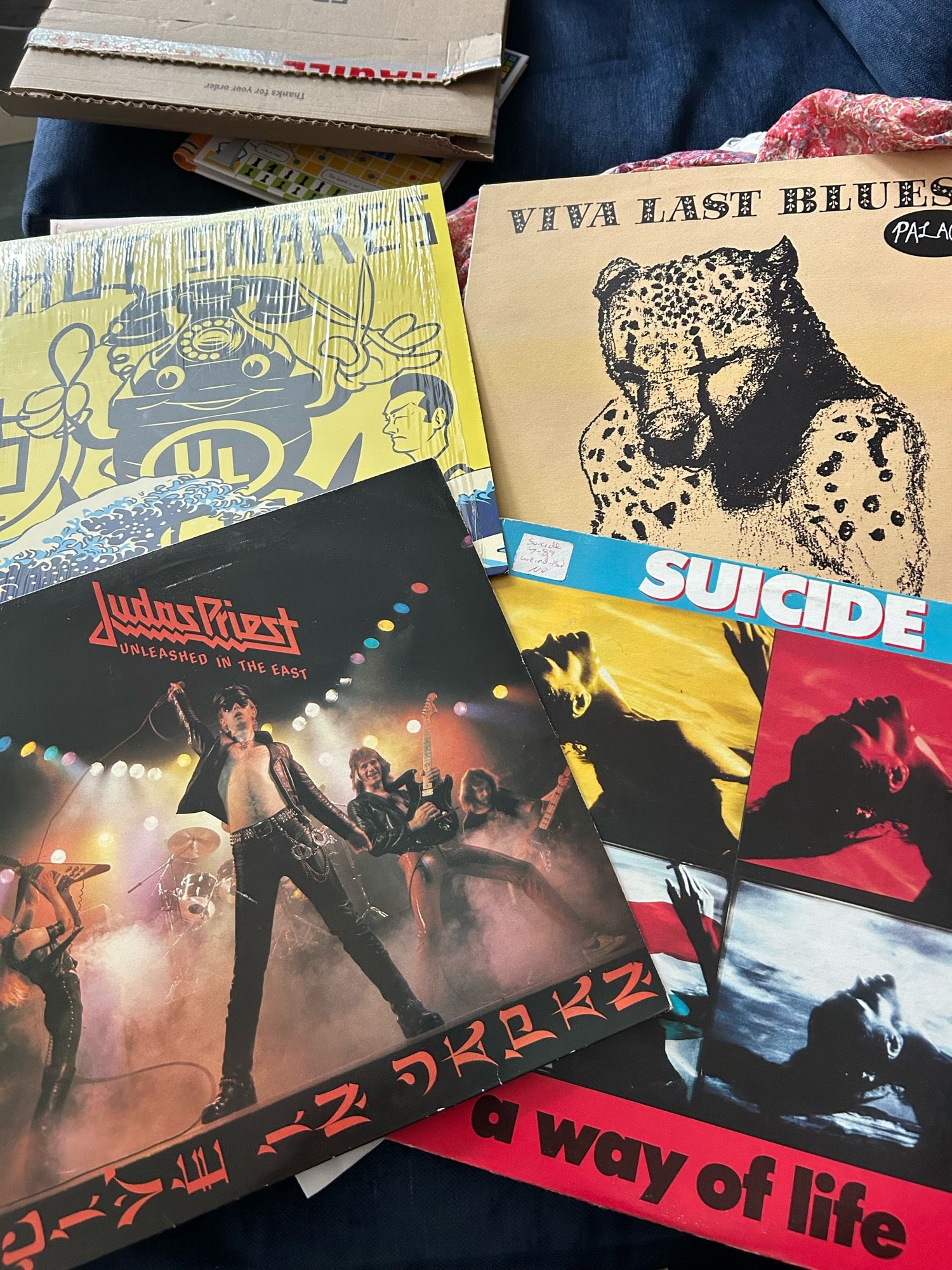 Picture of LPs: Judas Priest “Unleashed on the East”, Suicide “A Way of Life”, Palace “Viva Last Blues”, Hot Snakes “Suicide Invoice”