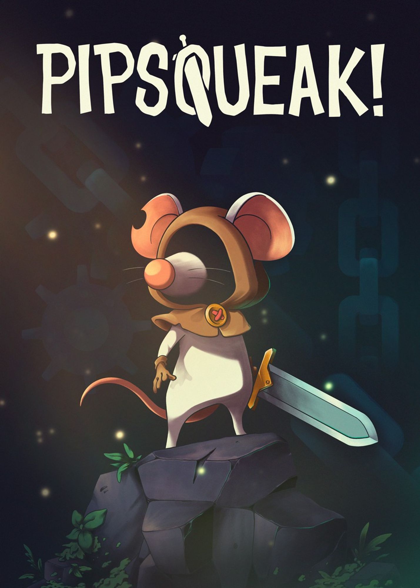 Key art for the indie game Pipsqueak! Of a small, hooded mouse character in a dark scene holding a large sword.