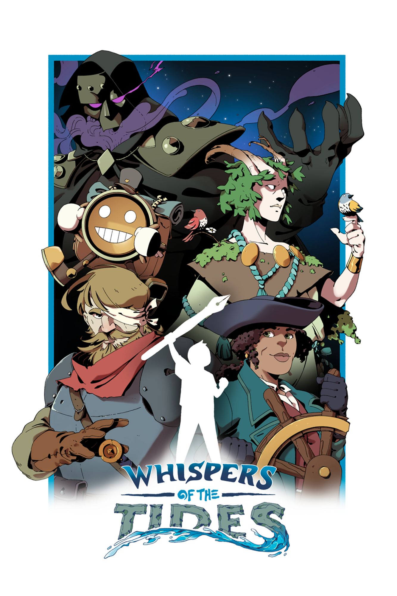 Cover art for Solo Q: Whispers of the Tides. A shadowy figure looms in the background as the collage of characters surrounds the title in a frame.