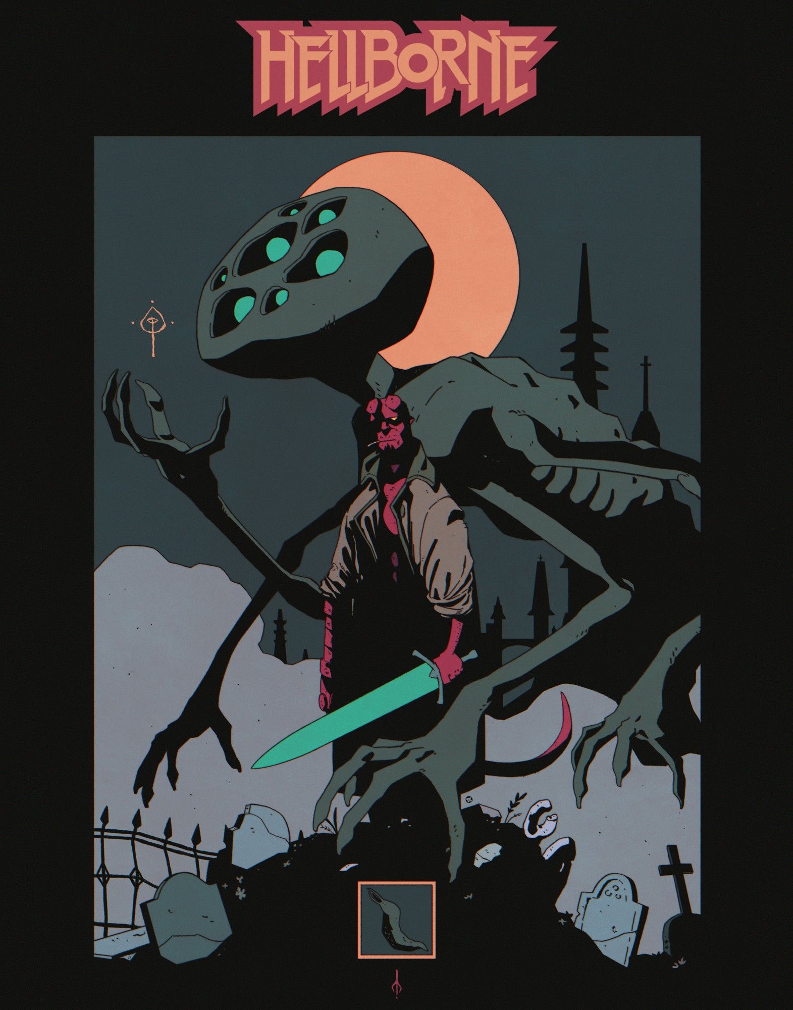 An illustration combining Hellboy and Bloodborne showing Hellboy atop some broken rocks and grave stones heavily shadowed while holding the moonlight great sword. An Amygdala fills the background under the moon.