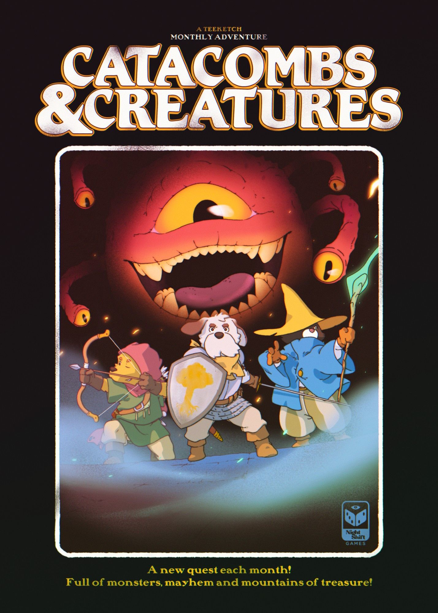 Faux cover art for an old school style adventure titled Catacombs & Creatures showing some animal heroes adventuring through a mysterious and foggy area while a large beholder style monster steps out of the shadows.