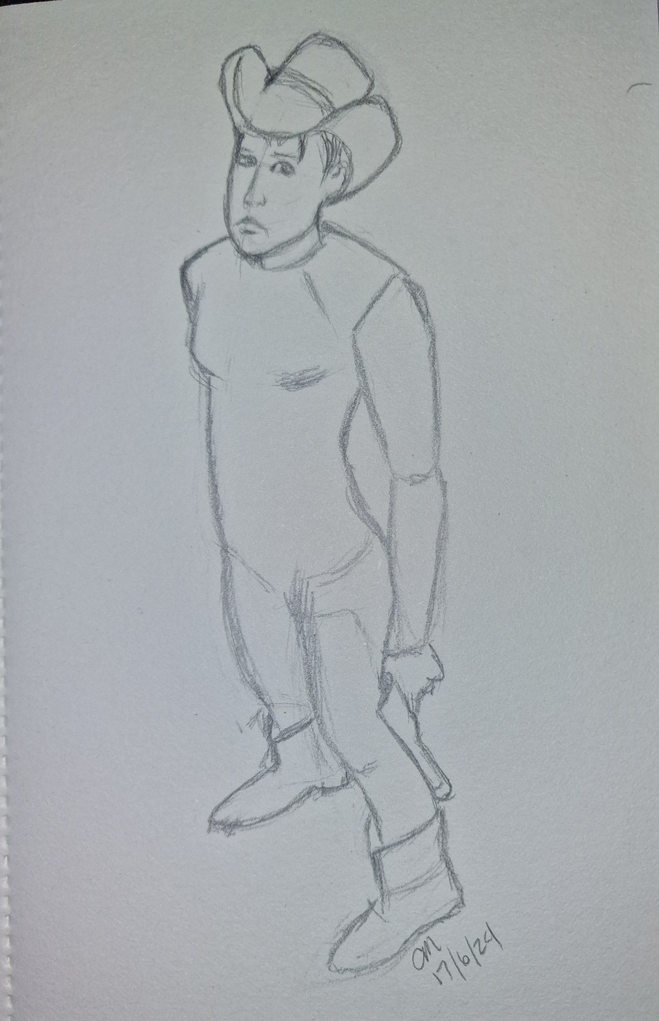 An okayish pencil sketch of a white person in form-fitting spandex, wearing a Stetson cowboy hat, boots, and toting a six-shooter n their downstage hand.

The boots are just awful.