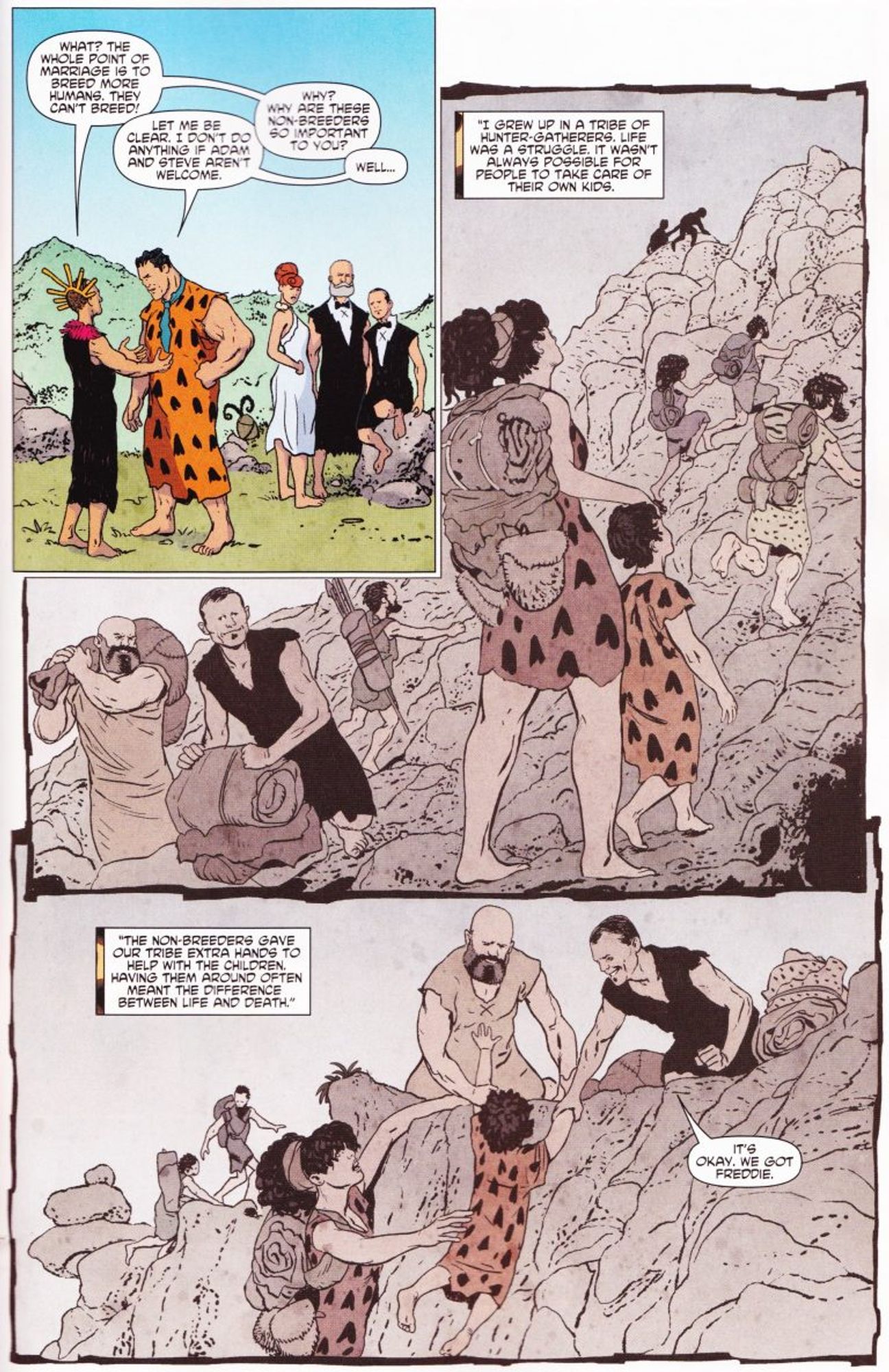 Comic panel of The Flinstones panel. Fred explains his support of 'non-breeder' as the strip cuts back to when Fred was a child, and two men help him up when climbing. Fred explains "The non-breeders gave our tribe extra hands to help with the children. Having them around often meant the difference between life and death."