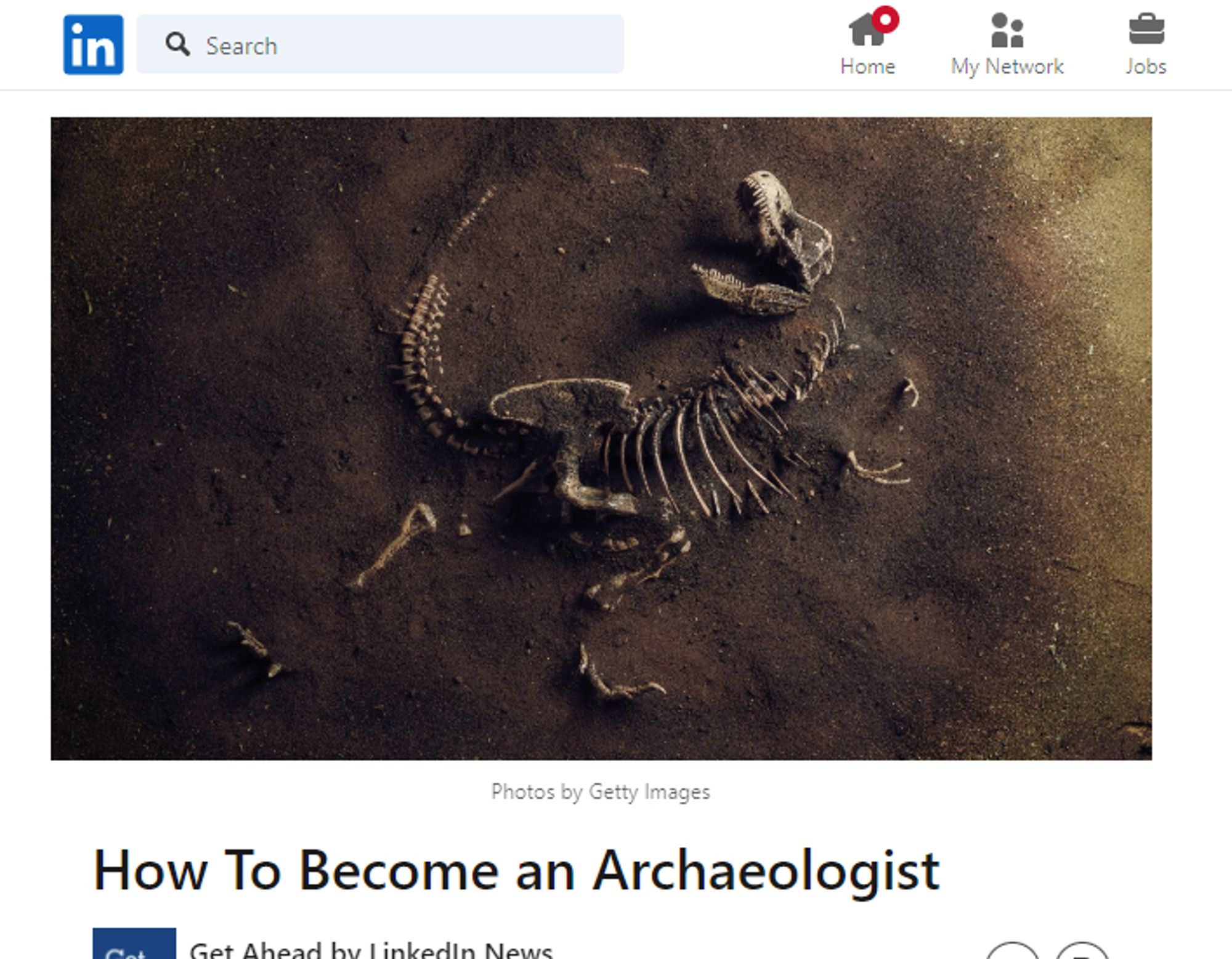 Screenshot of article titled 'How to Become an Archaeologist'. The lead picture is of a dinosaur fossil