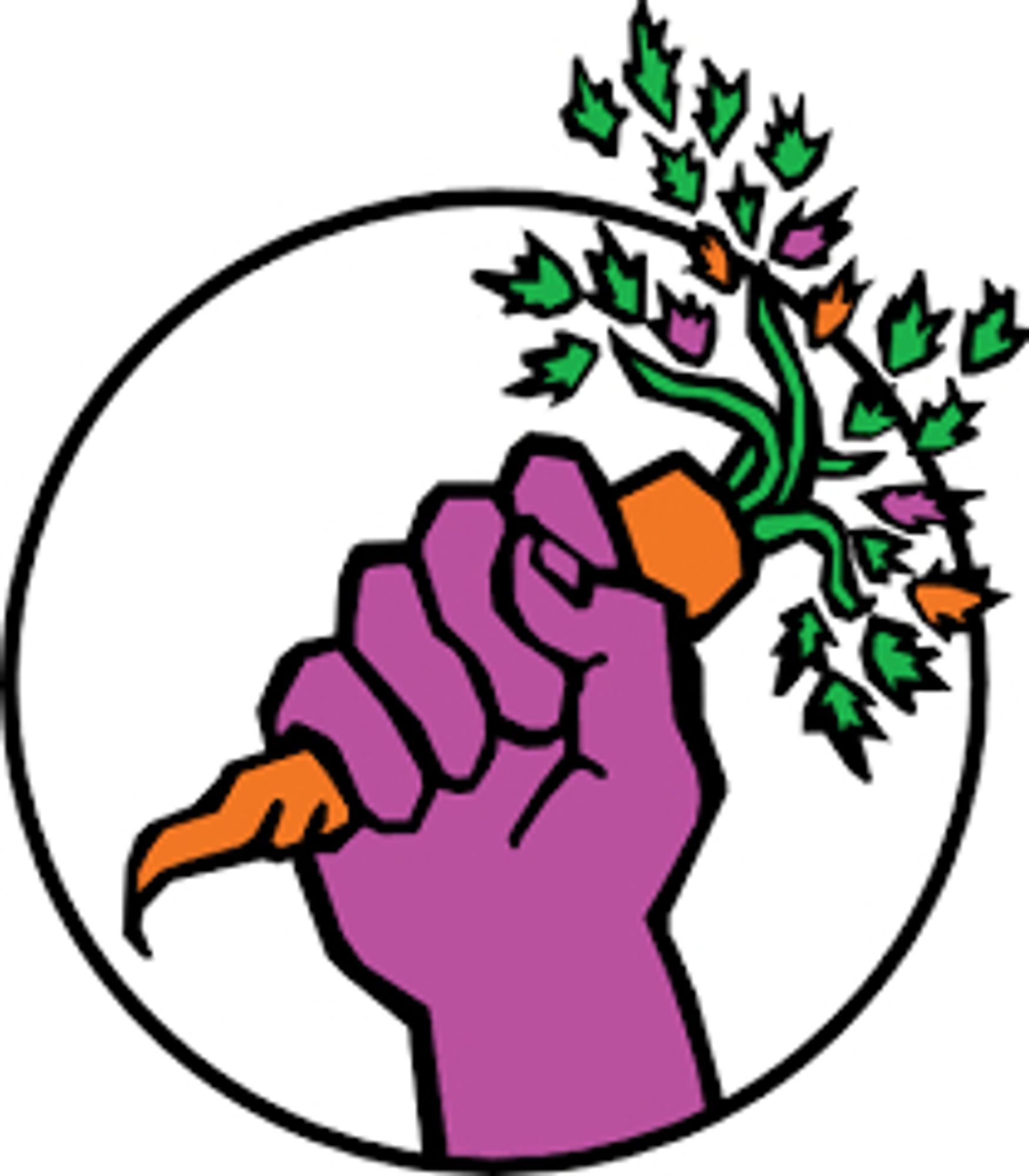 Logo of a hand holding a carrot in a fist, the logo of Food Not Bombs