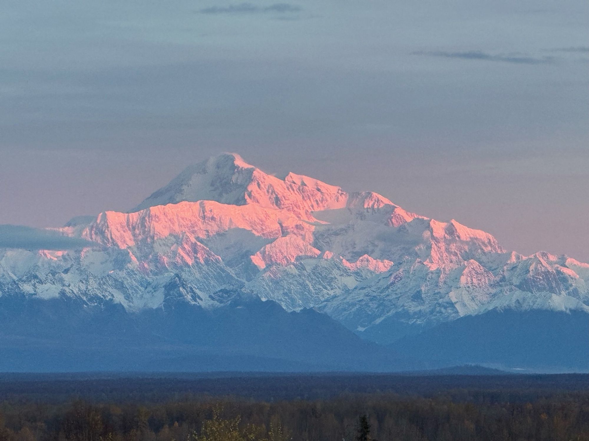 Photo of Denali, a large snow-capped mountain, with beautiful afternoon light