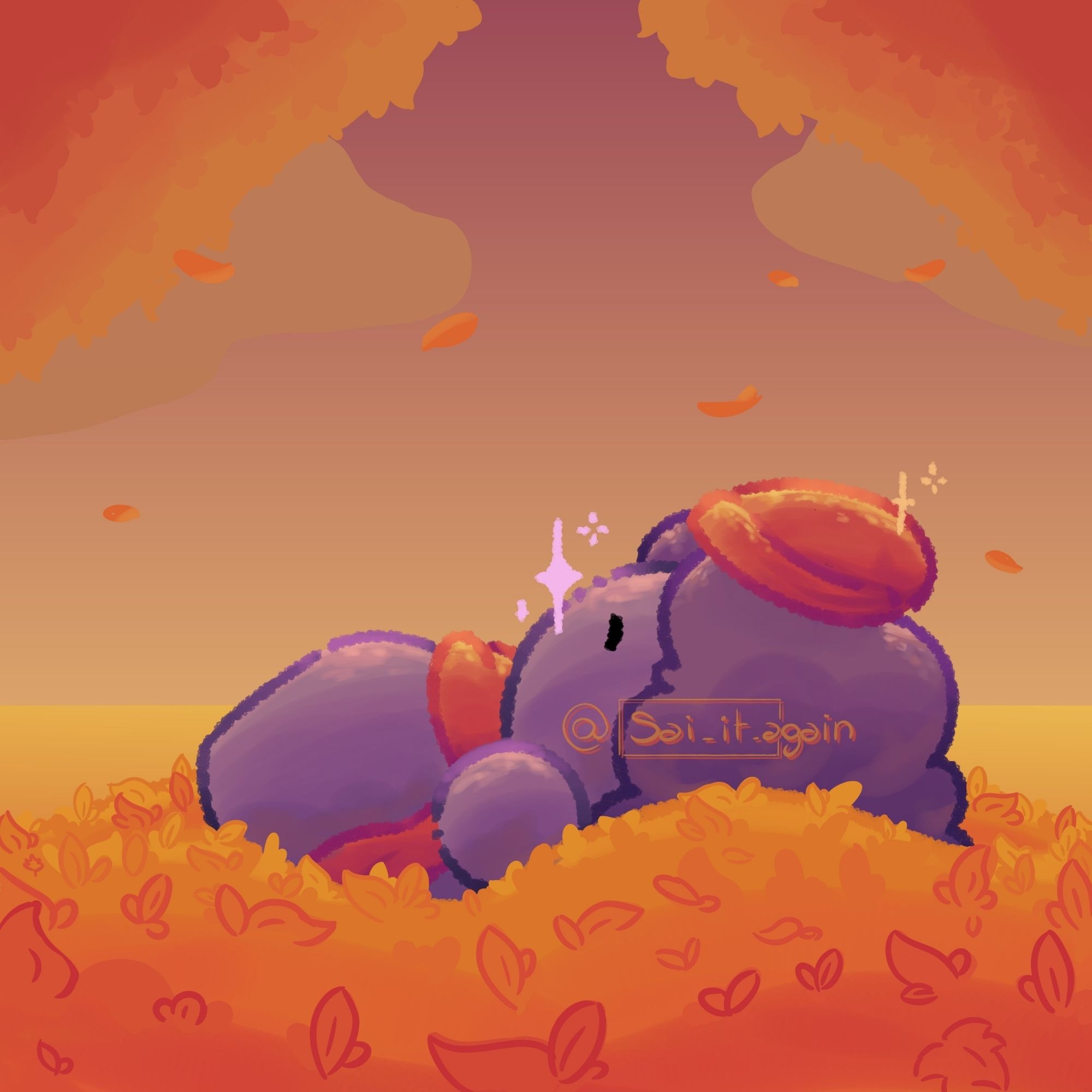 A purple plushy known as Companion Sasha resting in a pile of dry leaves during autumn.