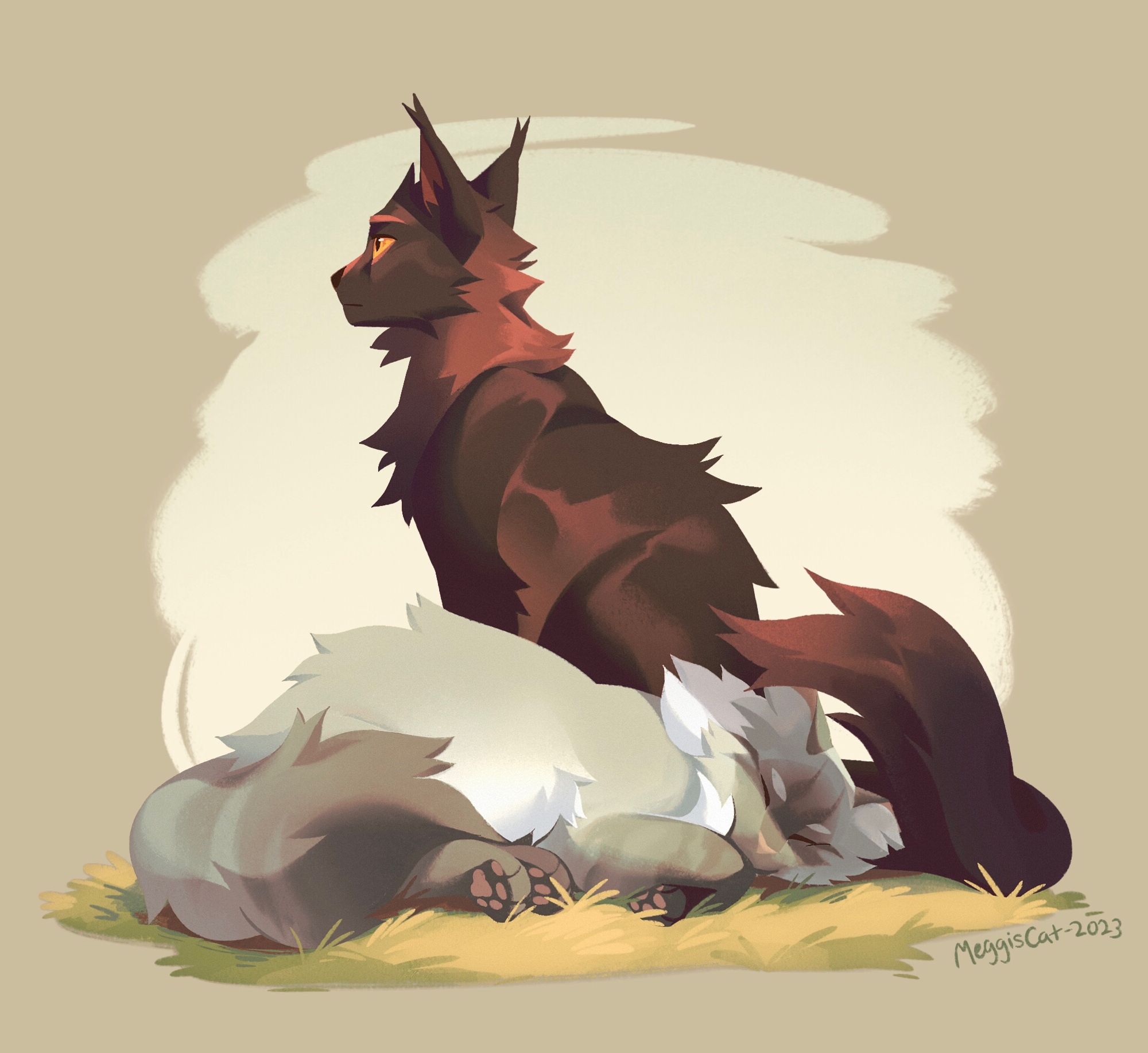 A lineless digital drawing depicting Frostpaw and Nightheart from Warrior Cats. Frostpaw is sleeping on a patch of grass, while Nightheart is sitting beside her, shielding her eyes from the sun with his tail.