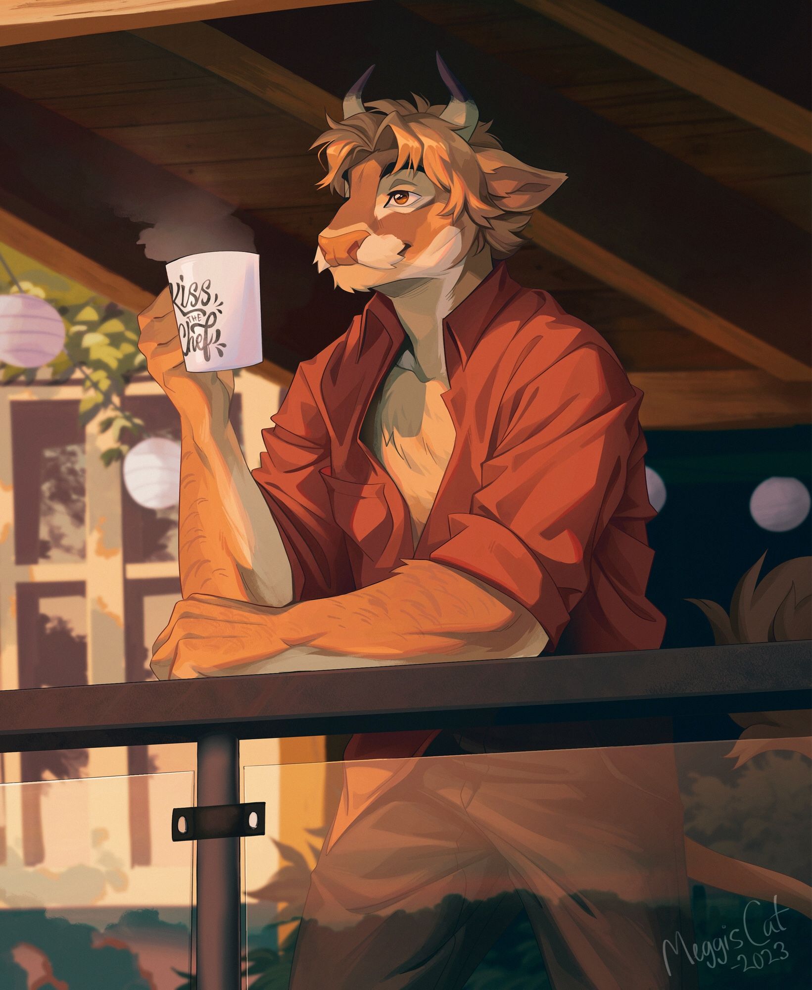 A digital illustration depicting an anthropomorphic bull drinking coffee on a balcony. He is lit by morning sun and has a content expression.