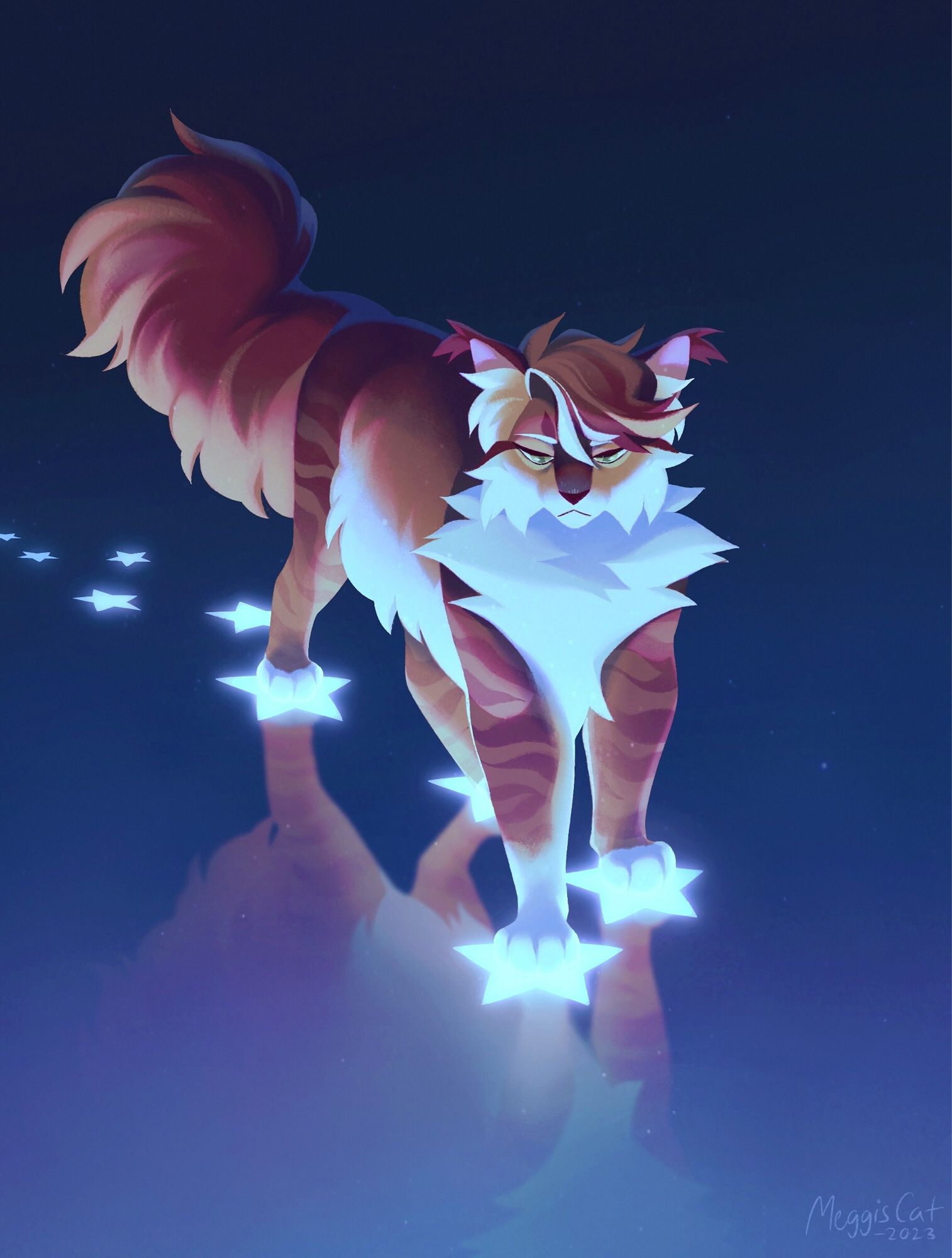 A lineless digital illustration depicting Squirrelflight from Warrior Cats. She is in a blue void, a trail of 9 stars underneath her paws, and she is looking at her reflection with a tired expression.