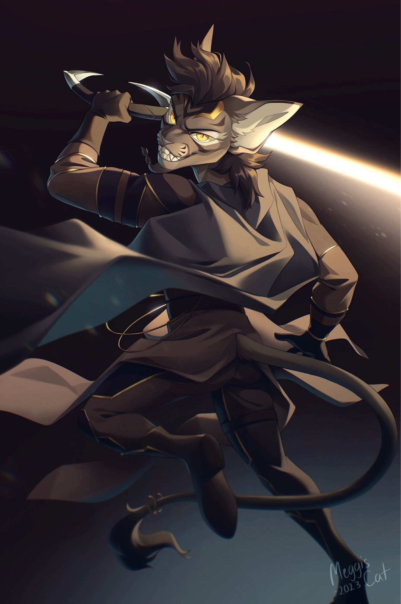 A digital illustration depicting an anthropomorphic cheetah-caracal feline grinning and about to swing a light saber at the camera.