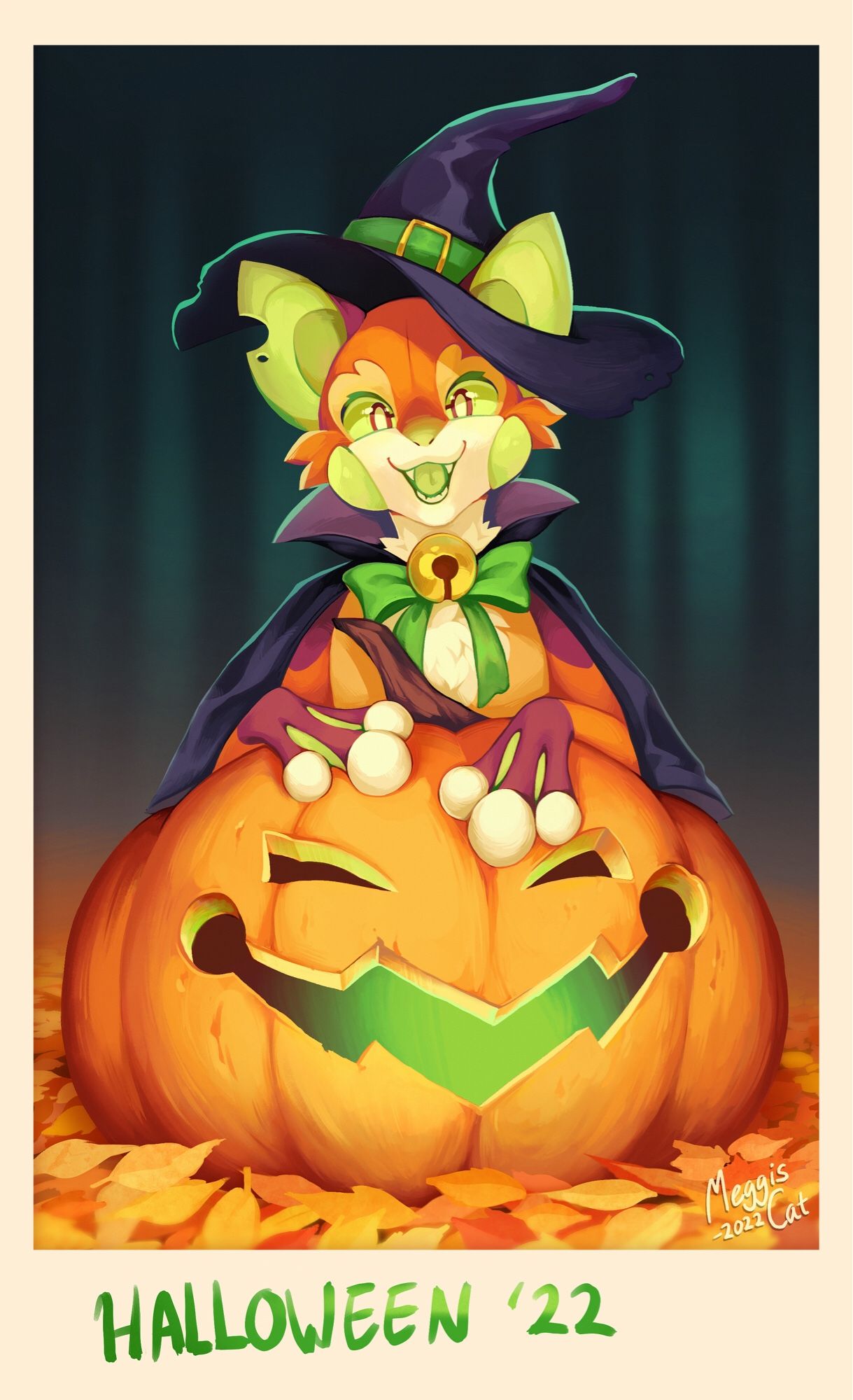 A digital illustration, depicting a cat-frog hybrid character, dressed as a witch, sitting on a jack-o’-lantern. The illustration mimics a physical photograph, with ”HALLOWEEN ’22” written at the bottom.