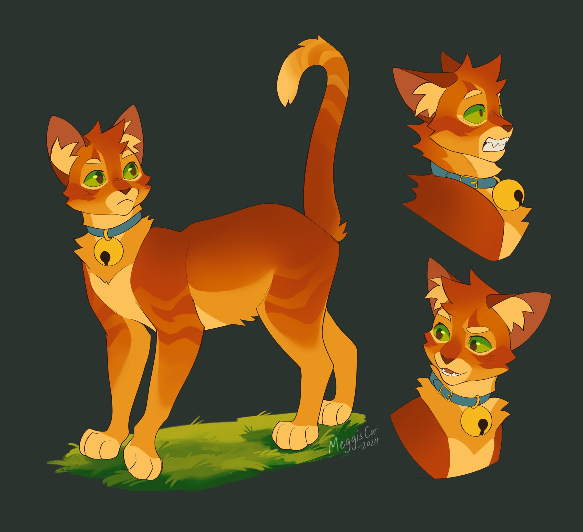 A digital illustration depicting a fullbody Rusty from Warrior Cats, as well as two headshots of him. The fullbody is him standing on a patch of grass, looking inquisitive; first headshot is him looking spooked; the second is of him looking amused. The background is a dark gray.