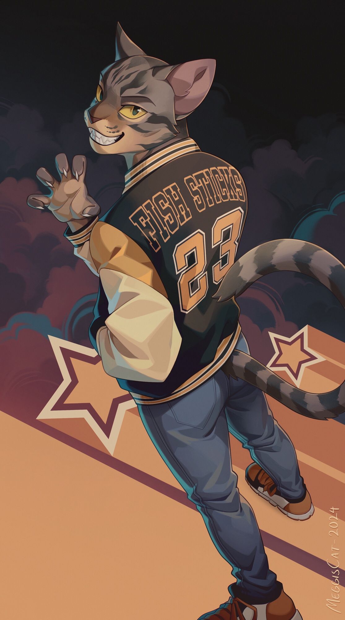 A digital illustration depicting a brown tabby anthropomorphic cat, wearing blue jeans and a bomber jacket with the lettering ”FISH STICKS 23” on the back. He is grinning over his shoulder and making a claw at the camera.